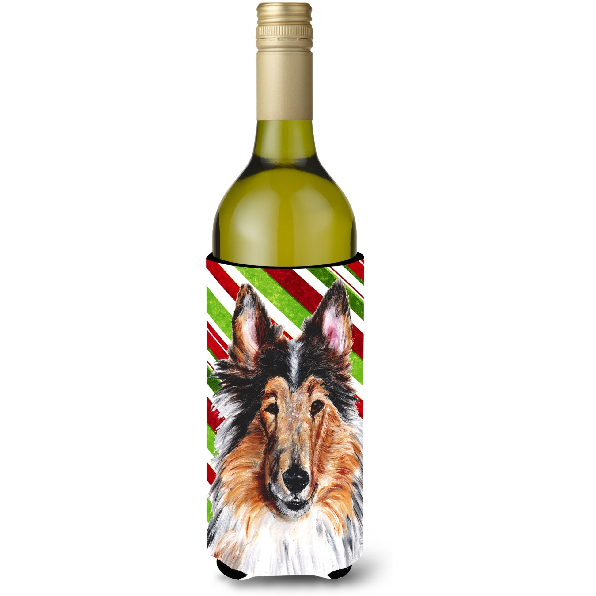 Collie Candy Cane Christmas Wine Bottle Beverage Insulator Hugger SC9790LITERK