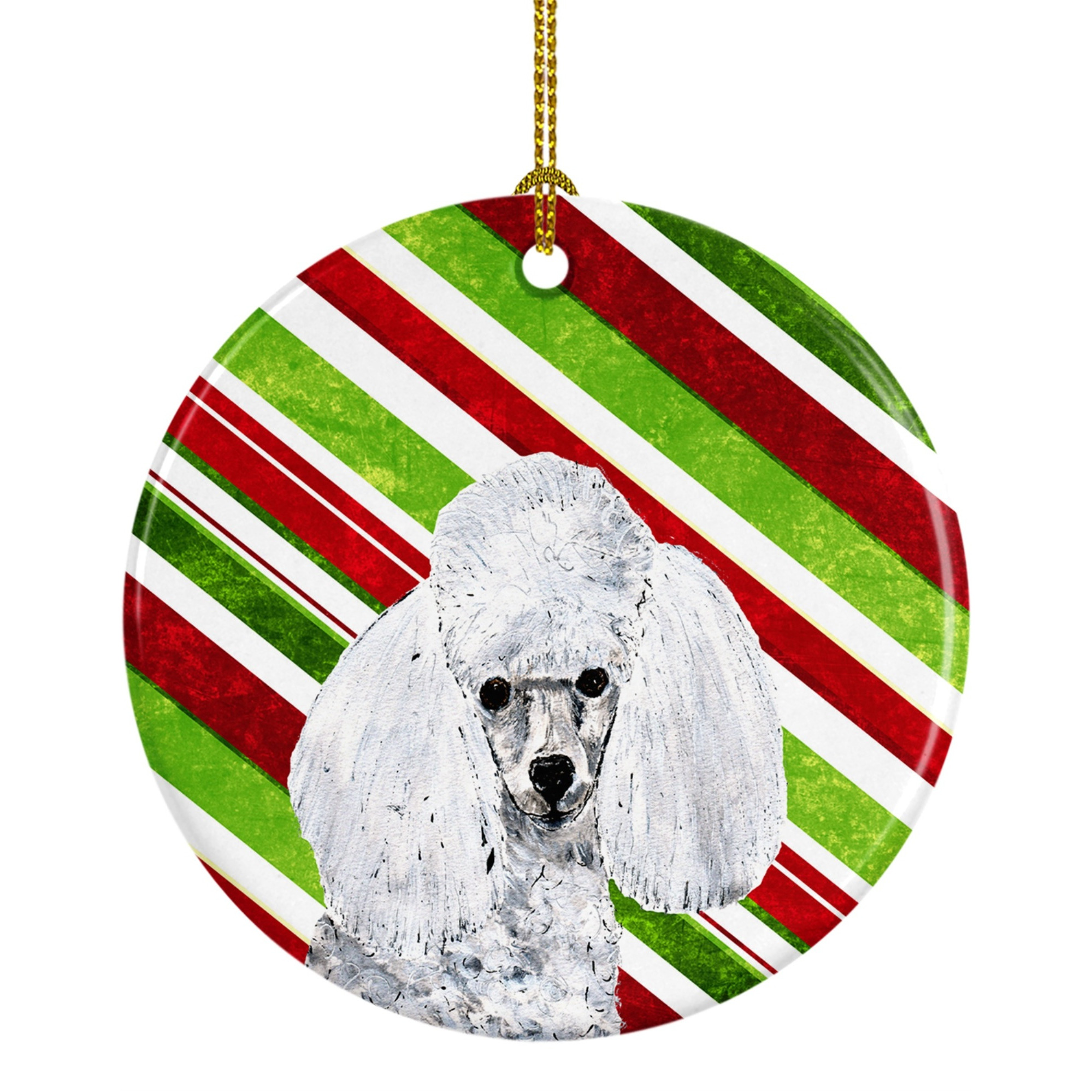 White Toy Poodle Candy Cane Christmas Ceramic Ornament SC9797CO1