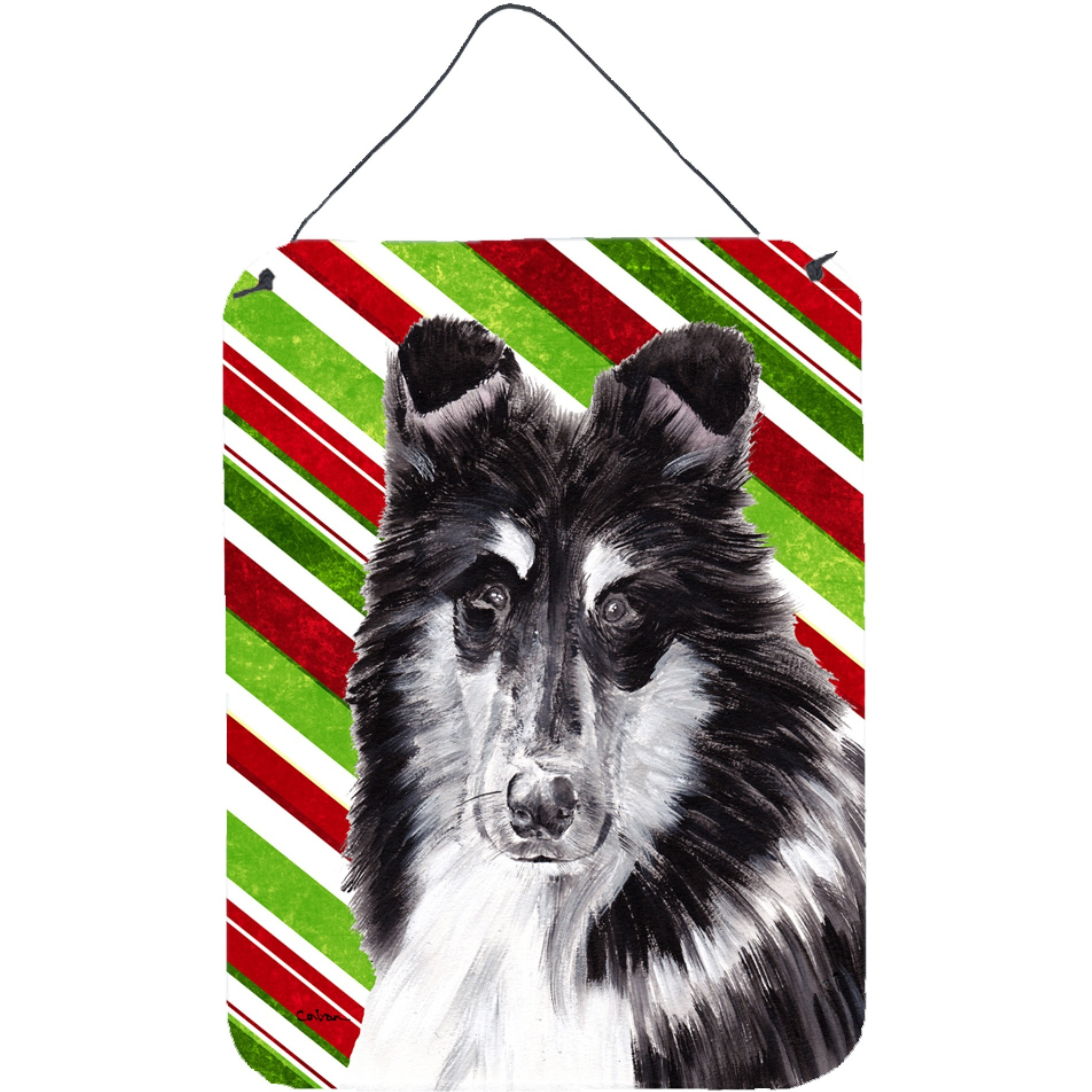 &quotCaroline's Treasures Black and White Collie Candy Cane Christmas Wall or Door Hanging Prints, 16"" x 12"""