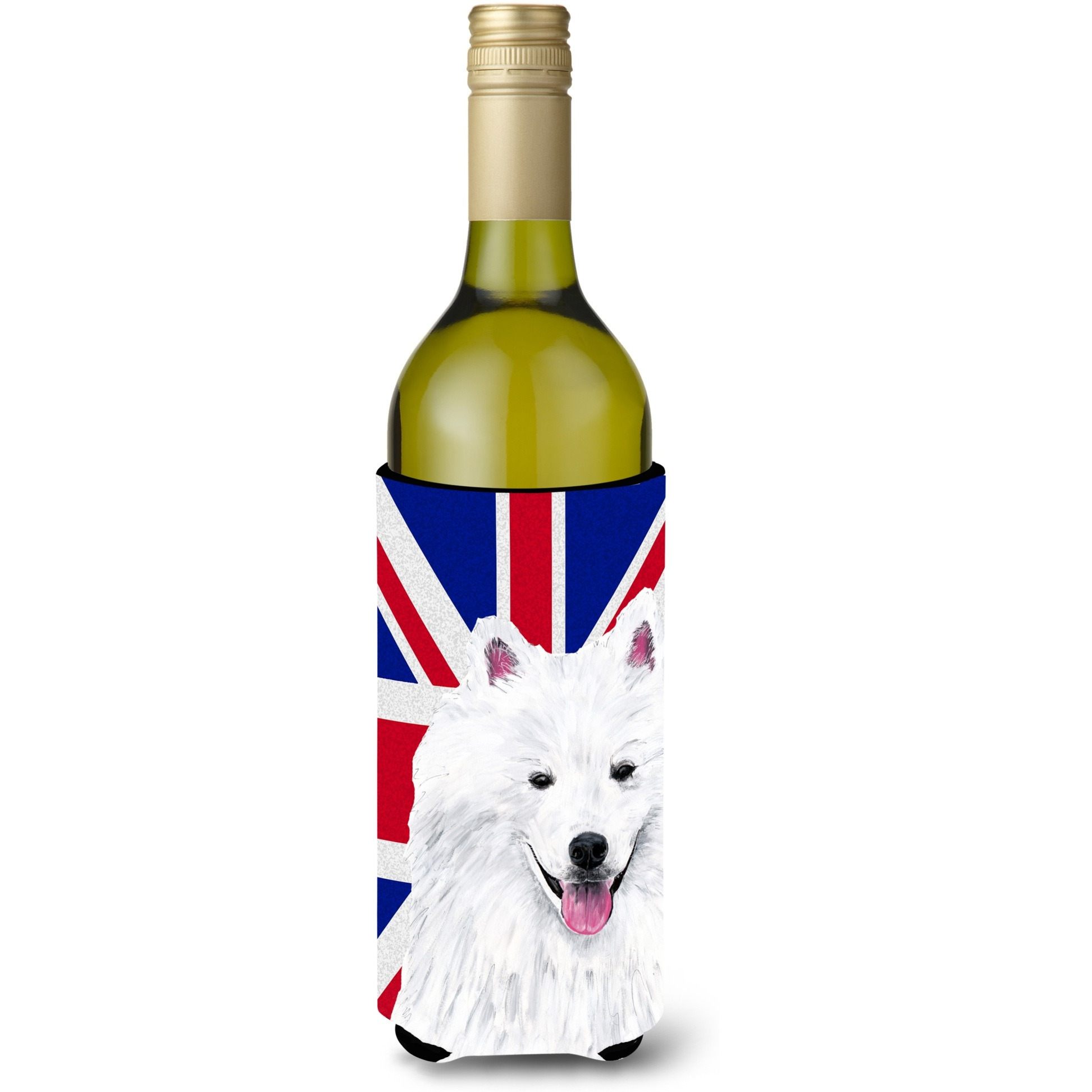 American Eskimo with English Union Jack British Flag Wine Bottle Beverage Insulator Hugger SC9836LITERK
