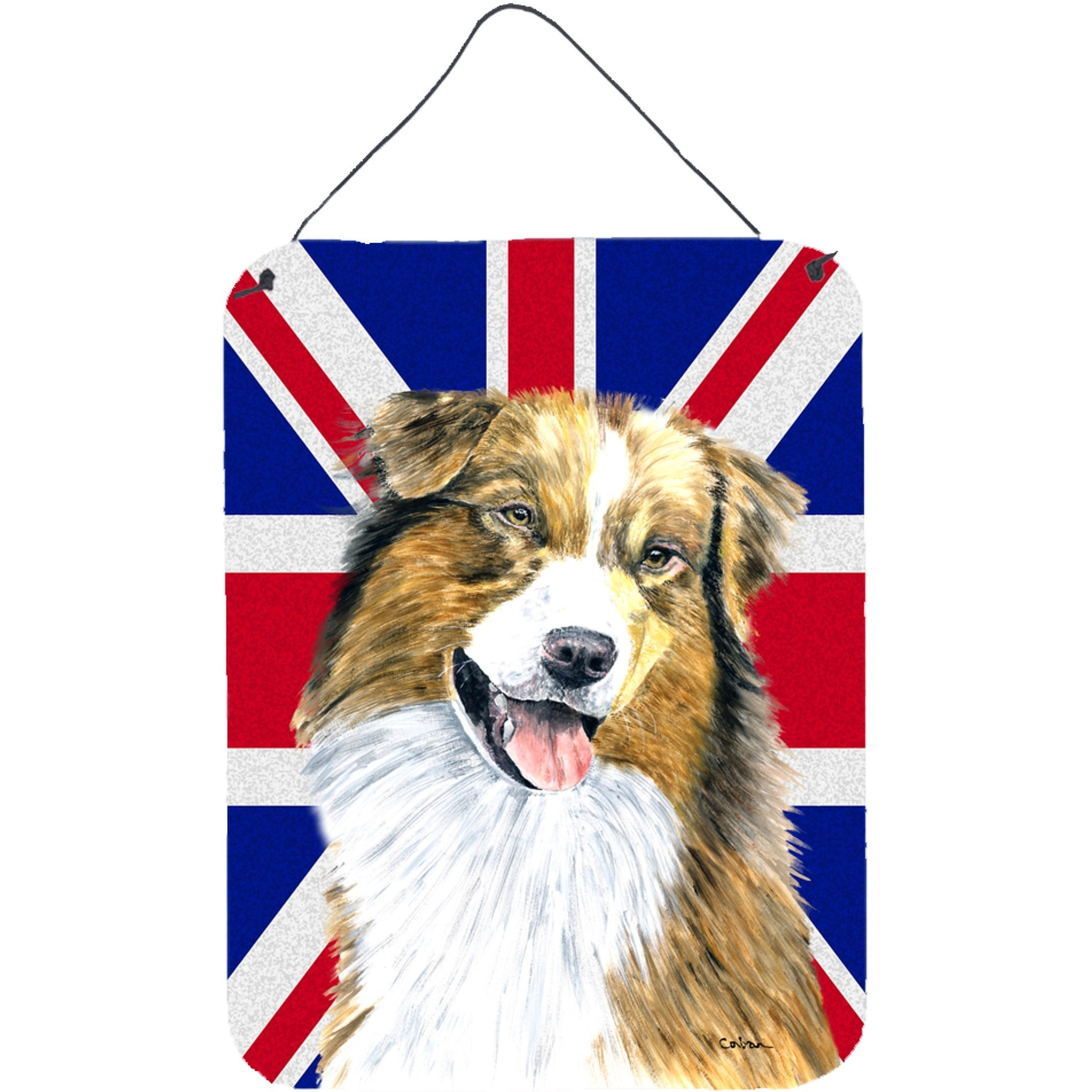 &quotCaroline's Treasures SC9854DS1216 Australian Shepherd with English Union Jack British Flag Wall or Door Hanging Prints, 16"" x 12"""
