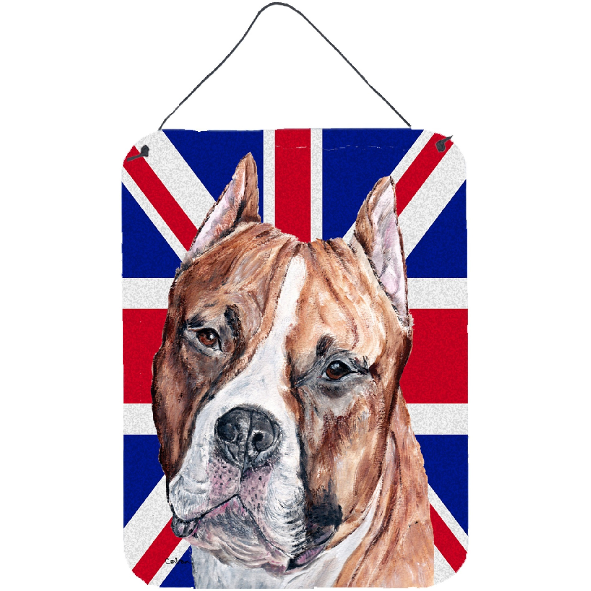 &quotCaroline's Treasures SC9883DS1216 Staffordshire Bull Terrier Staffie with English Union Jack British Flag Wall or Door Hanging Prints, 16"" x 12"""
