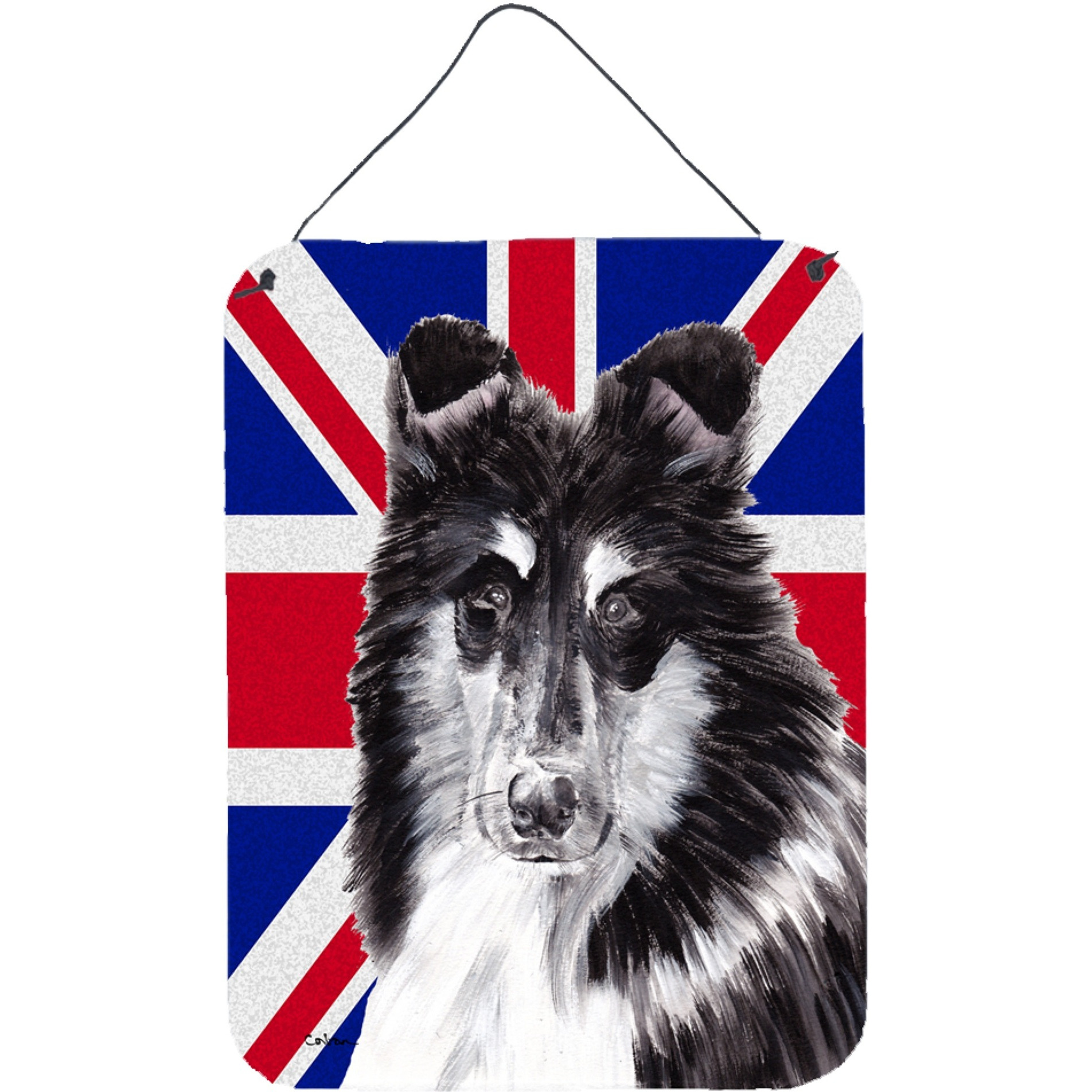 &quotCaroline's Treasures Black and White Collie with English Union Jack British Flag Wall or Door Hanging Prints, 16"" x 12"""