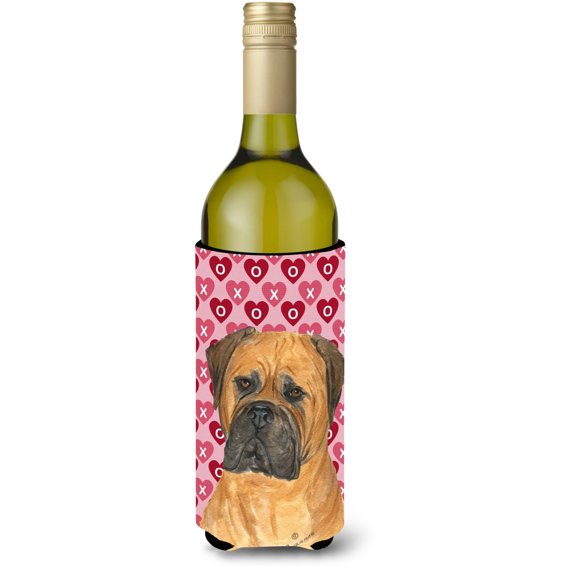 Bullmastiff Hearts Love and Valentine's Day Portrait Wine Bottle Beverage Insulator Beverage Insulator Hugger