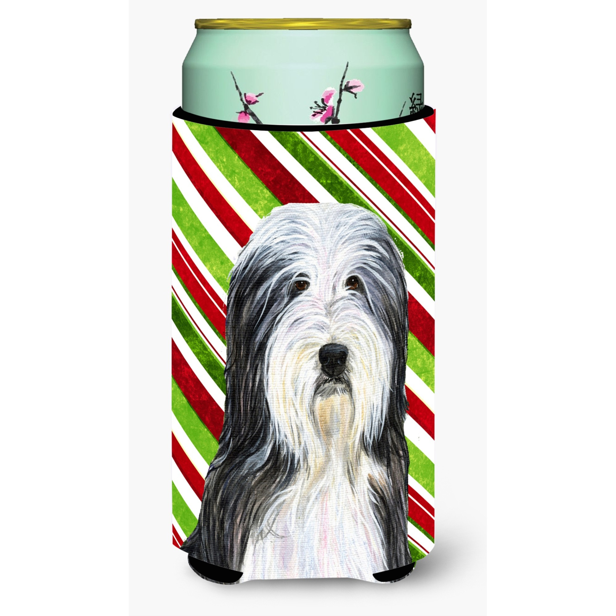 Bearded Collie Candy Cane Holiday Christmas  Tall Boy Beverage Insulator Beverage Insulator Hugger