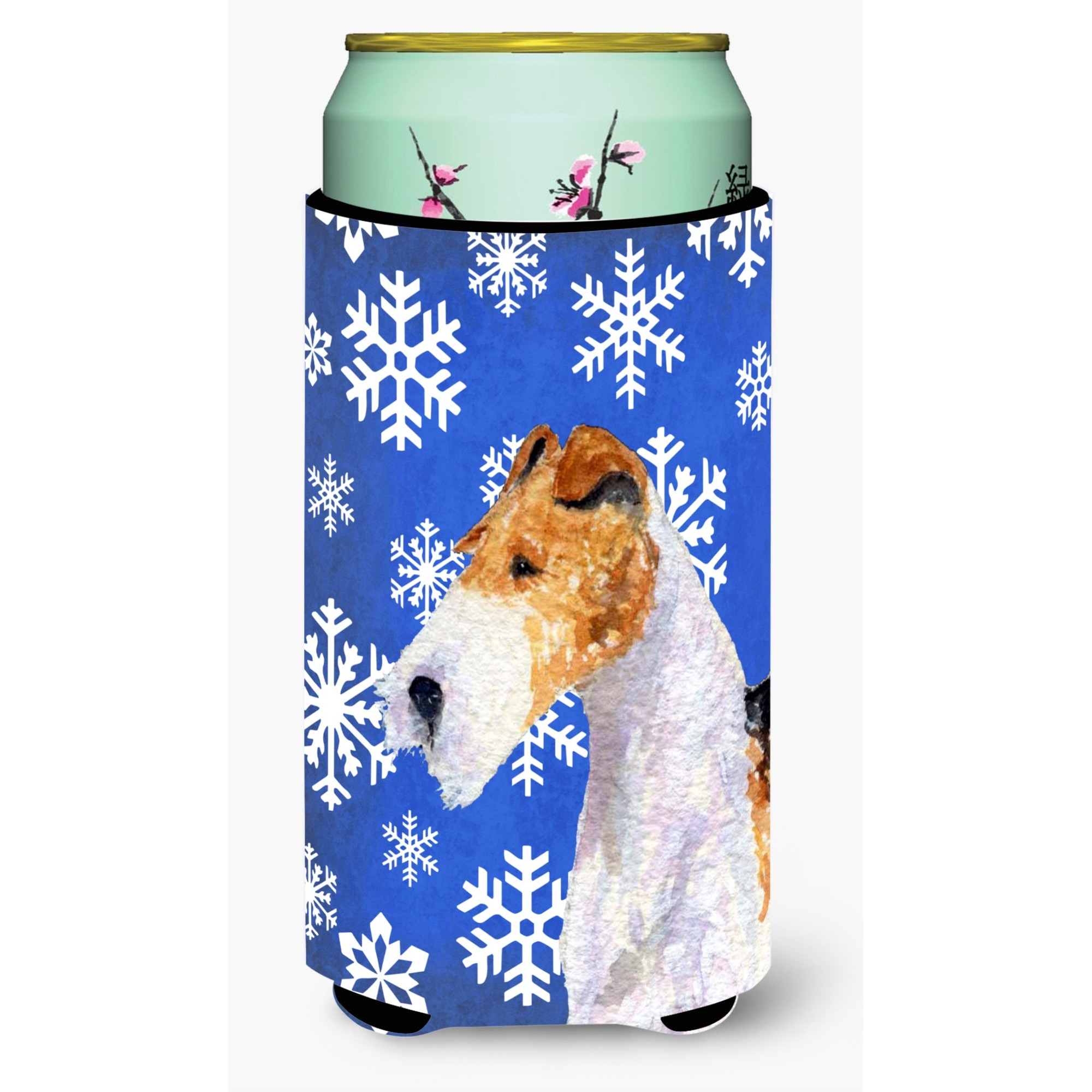 Fox Terrier Winter Snowflakes Holiday  Tall Boy Beverage Insulator Beverage Insulator Hugger