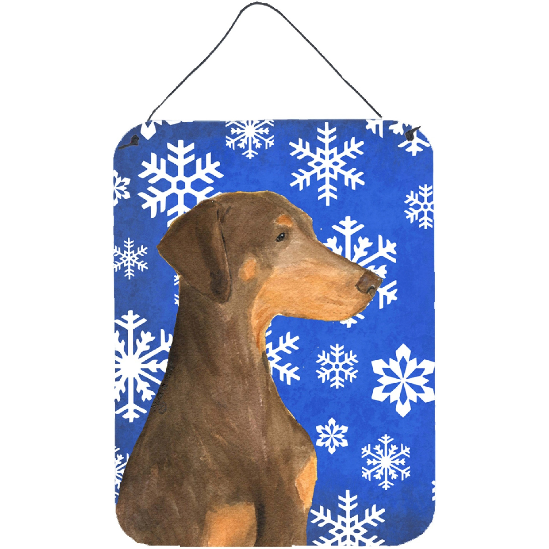 &quotCaroline's Treasures SS4617DS1216 Doberman Winter Snowflakes Holiday Aluminium Metal Wall or Door Hanging Prints, 16"" x 12"", Multicolor"