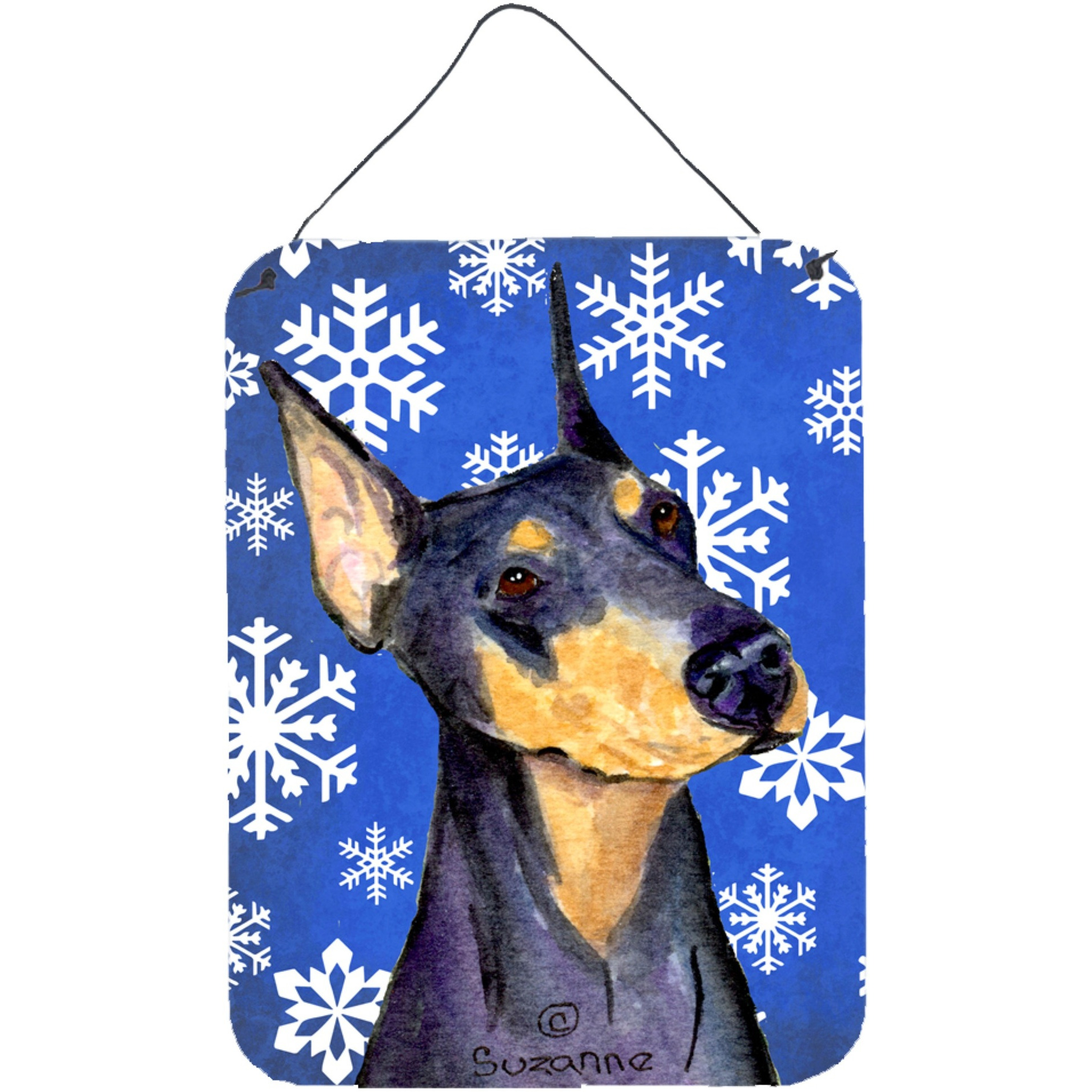 &quotCaroline's Treasures SS4633DS1216 Doberman Winter Snowflakes Holiday Aluminium Metal Wall or Door Hanging Prints, 16"" x 12"", Multicolor"