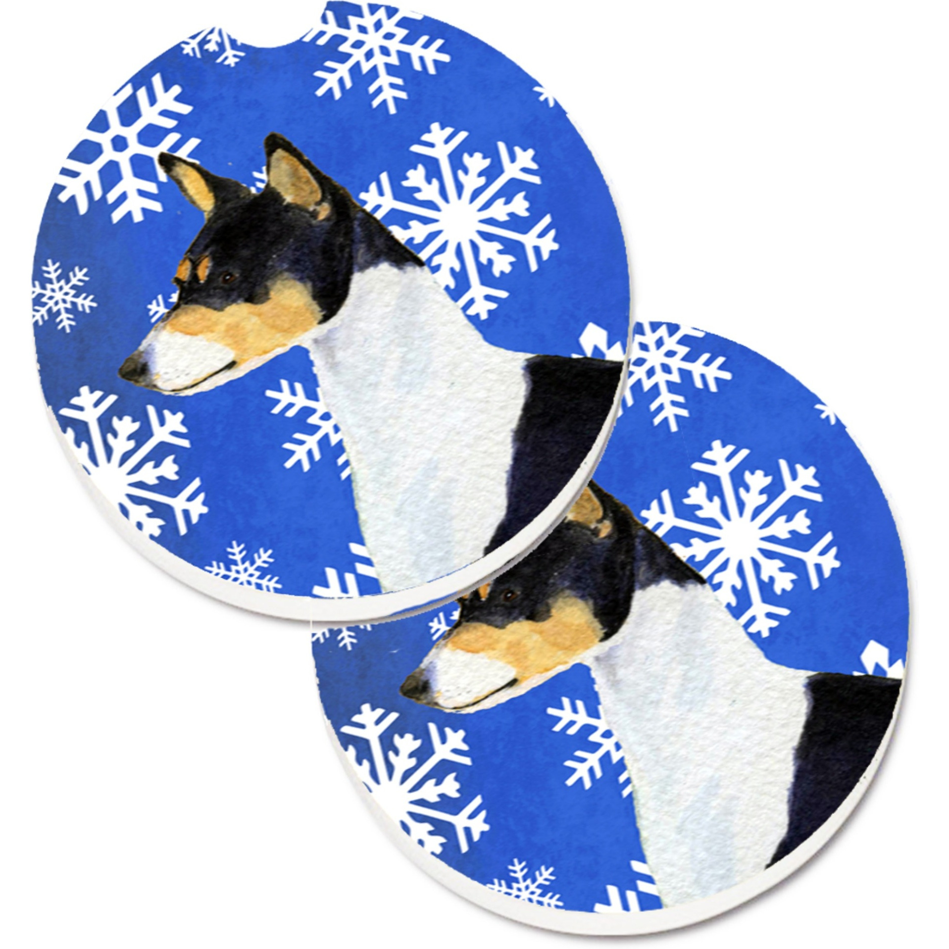 &quotCaroline's Treasures Basenji Winter Snowflakes Holiday Set of 2 Cup Holder Car Coasters SS4652CARC, 2.56, Multicolor"
