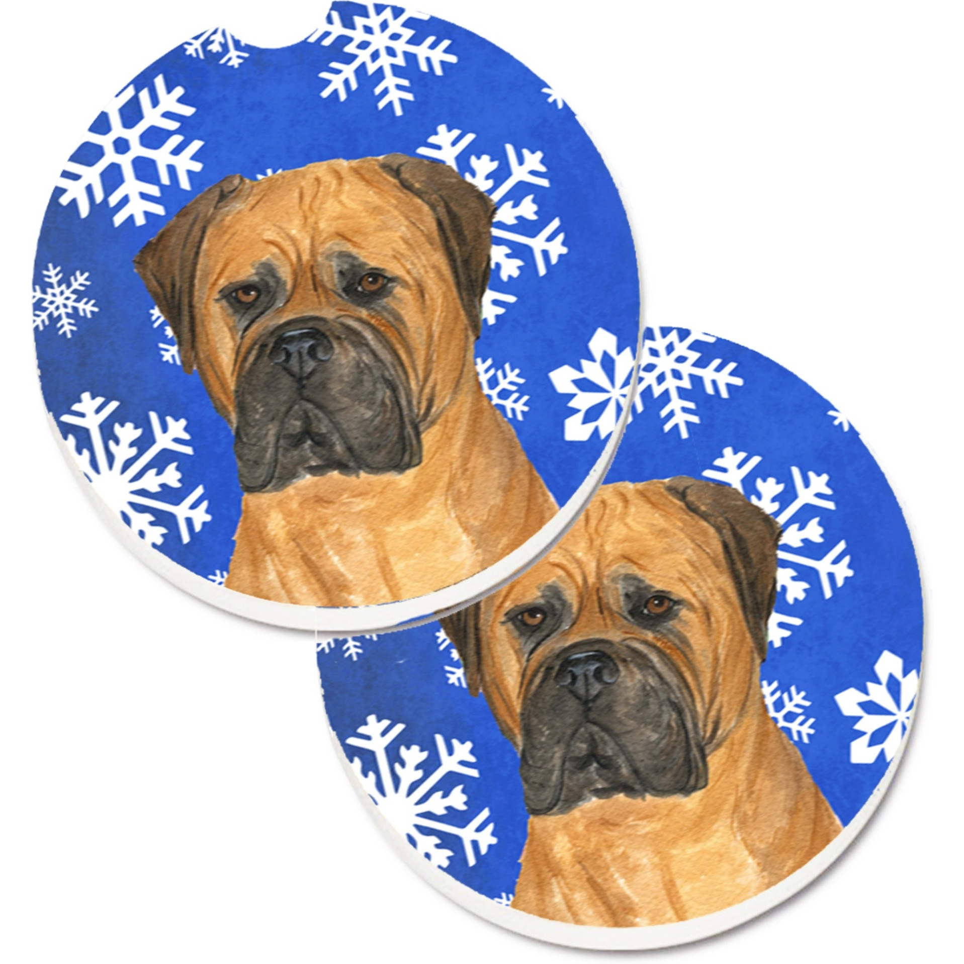 &quotCaroline's Treasures Bullmastiff Winter Snowflakes Holiday Set of 2 Cup Holder Car Coasters SS4655CARC, 2.56, Multicolor"