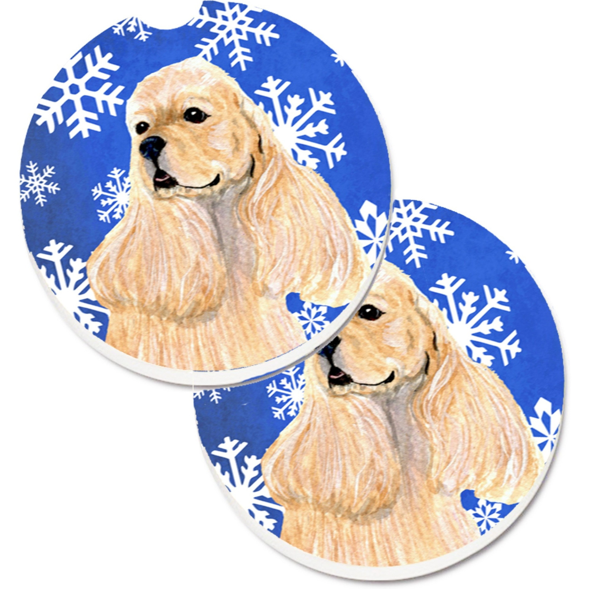 &quotCaroline's Treasures Cocker Spaniel Winter Snowflakes Holiday Set of 2 Cup Holder Car Coasters SS4660CARC, 2.56, Multicolor"