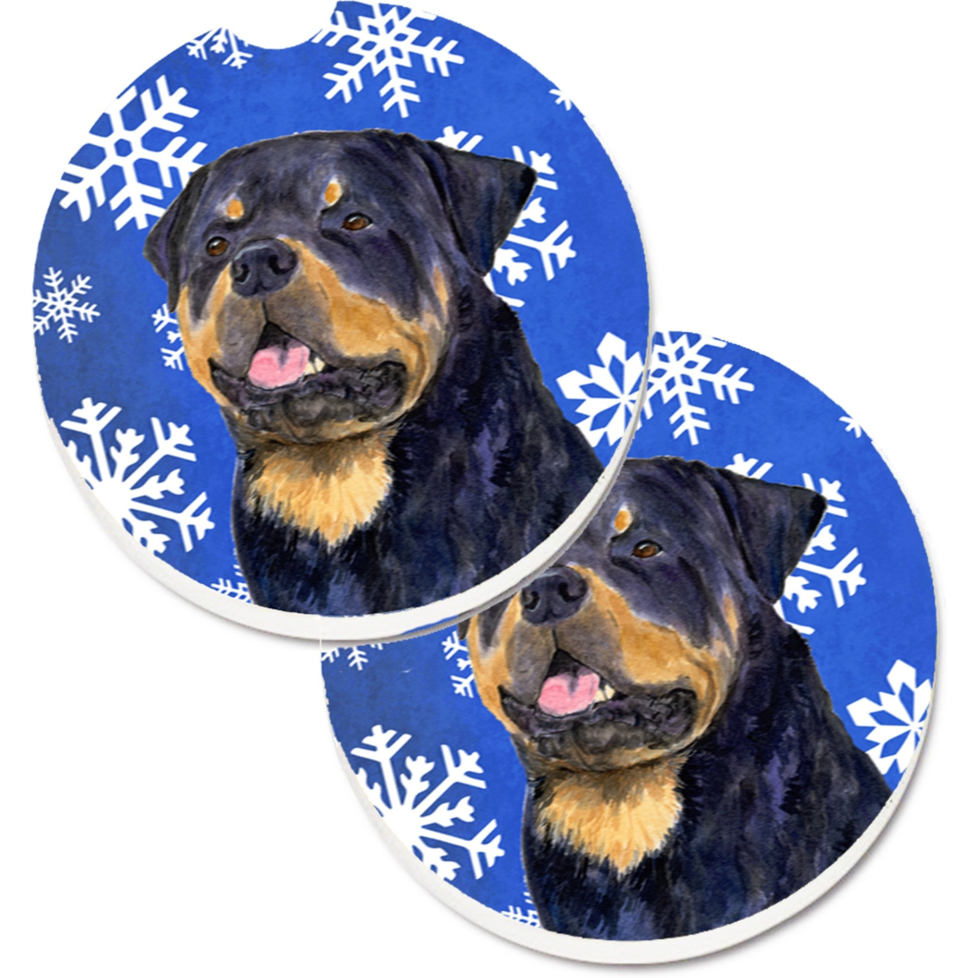 &quotCaroline's Treasures Rottweiler Winter Snowflakes Holiday Set of 2 Cup Holder Car Coasters SS4662CARC, 2.56, Multicolor"