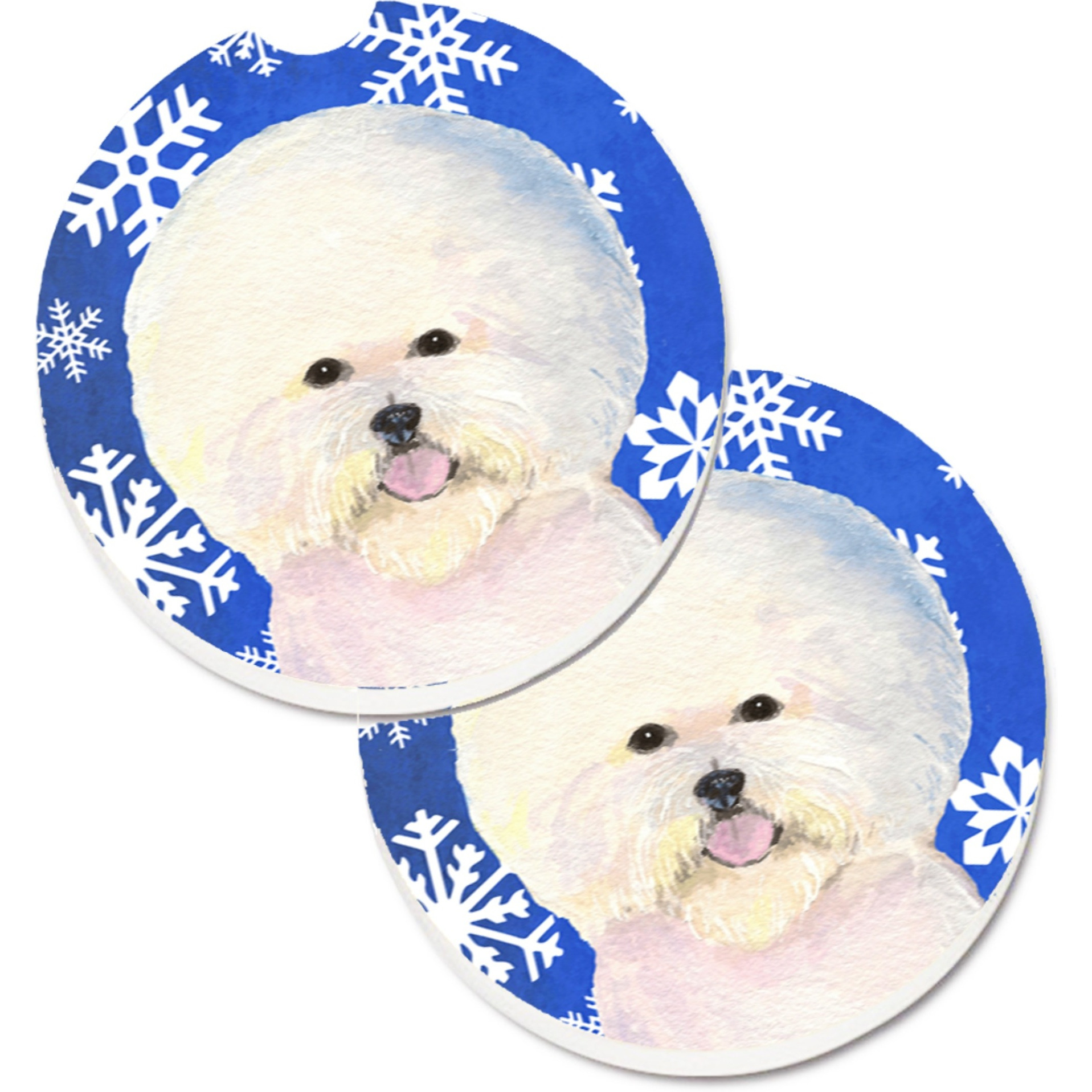 &quotCaroline's Treasures Bichon Frise Winter Snowflakes Holiday Set of 2 Cup Holder Car Coasters SS4664CARC, 2.56, Multicolor"