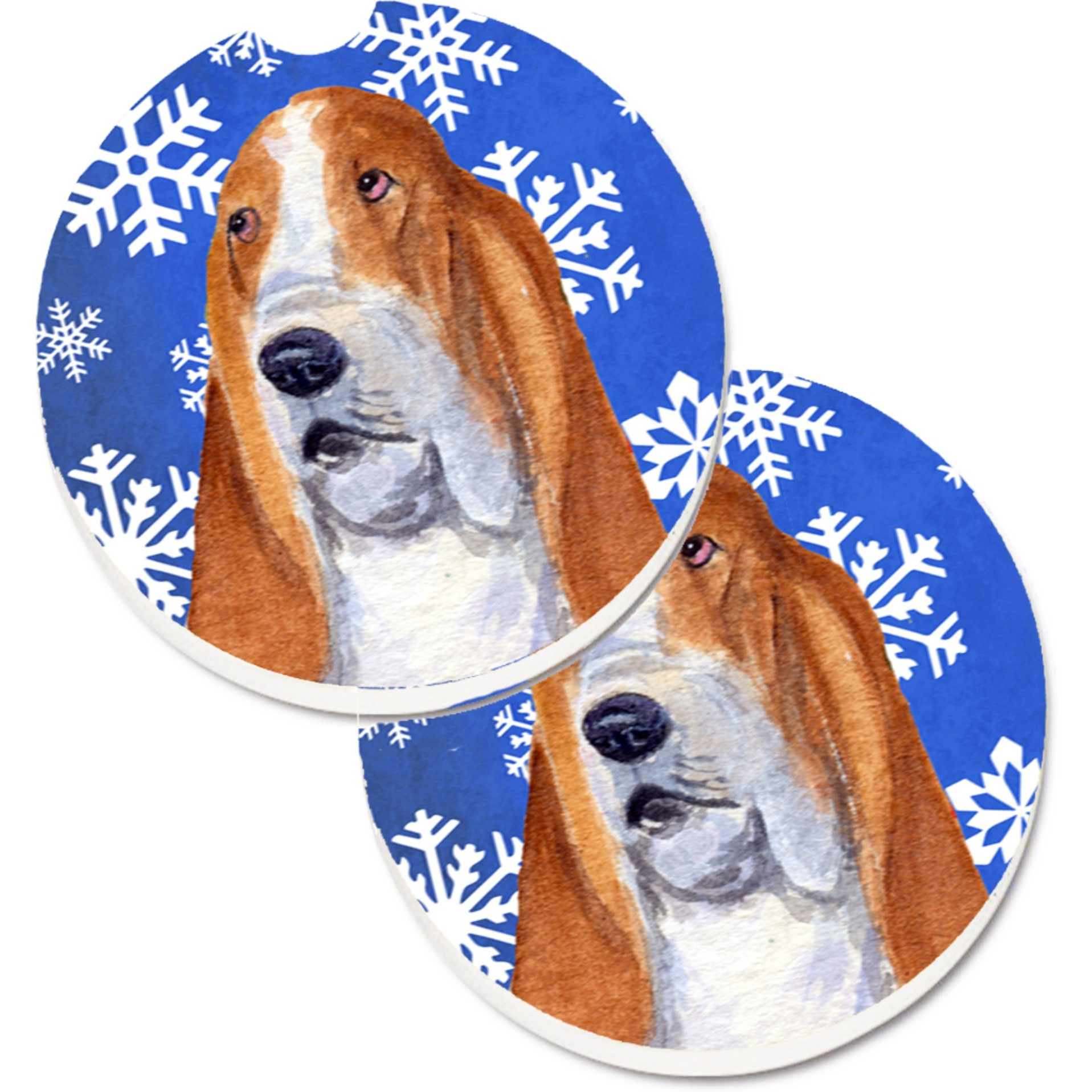 &quotCaroline's Treasures Basset Hound Winter Snowflakes Holiday Set of 2 Cup Holder Car Coasters SS4666CARC, 2.56, Multicolor"