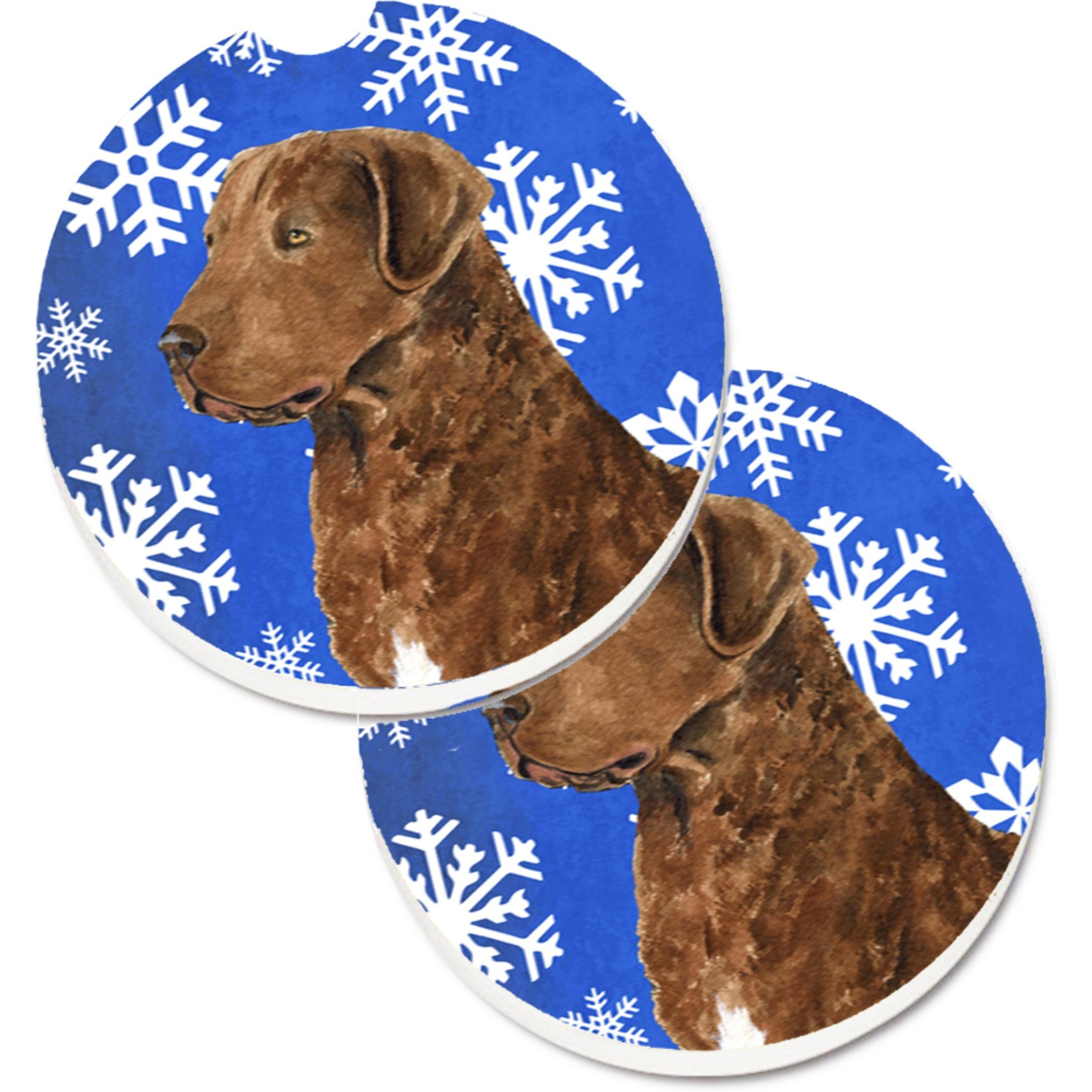&quotCaroline's Treasures Chesapeake Bay Retriever Winter Snowflakes Holiday Set of 2 Cup Holder Car Coasters SS4669CARC, 2.56, Multicolor"