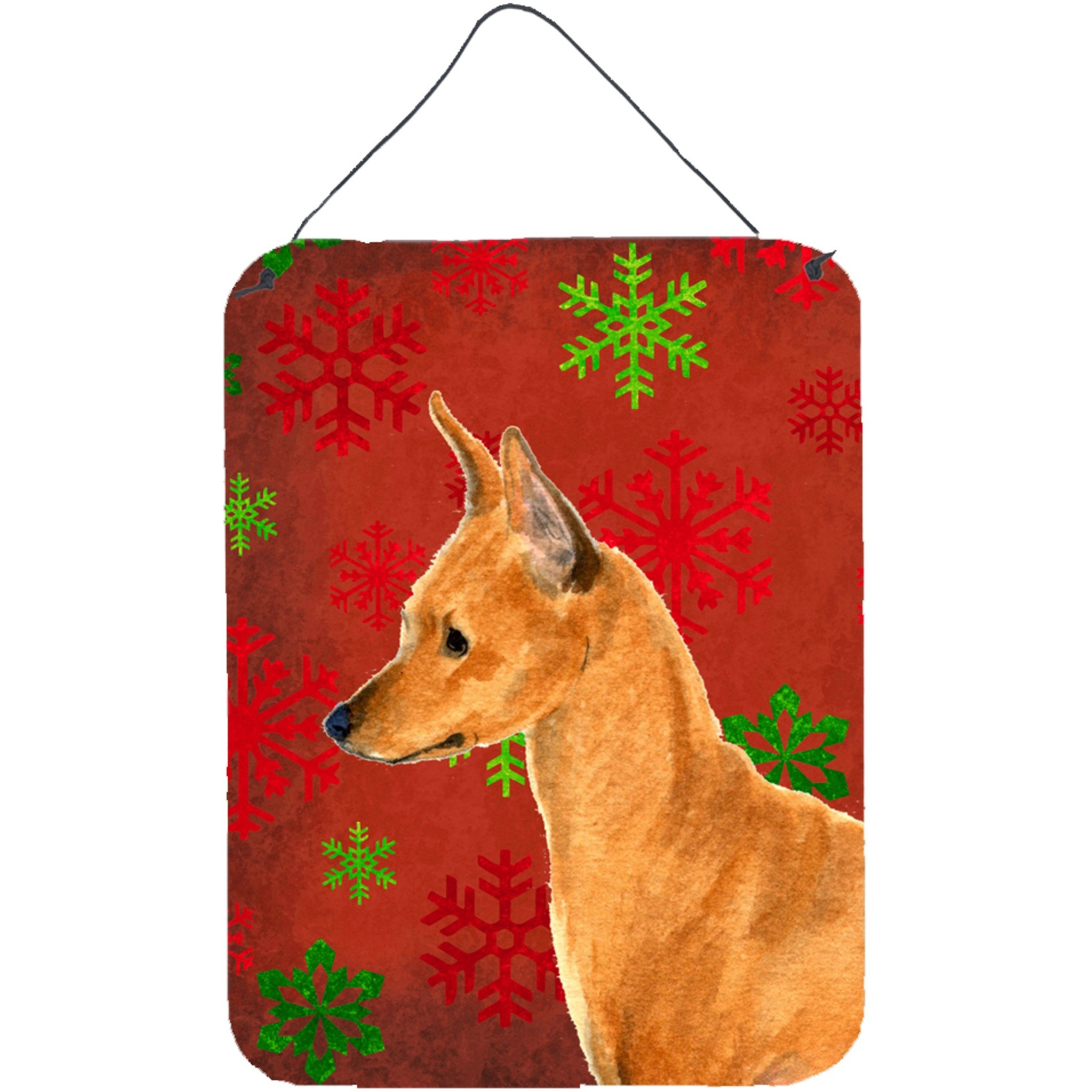 &quotCaroline's Treasures SS4673DS1216 Min Pin Red and Green Snowflakes Holiday Christmas Wall or Door Hanging Prints, 16"" x 12"", Multicolor"