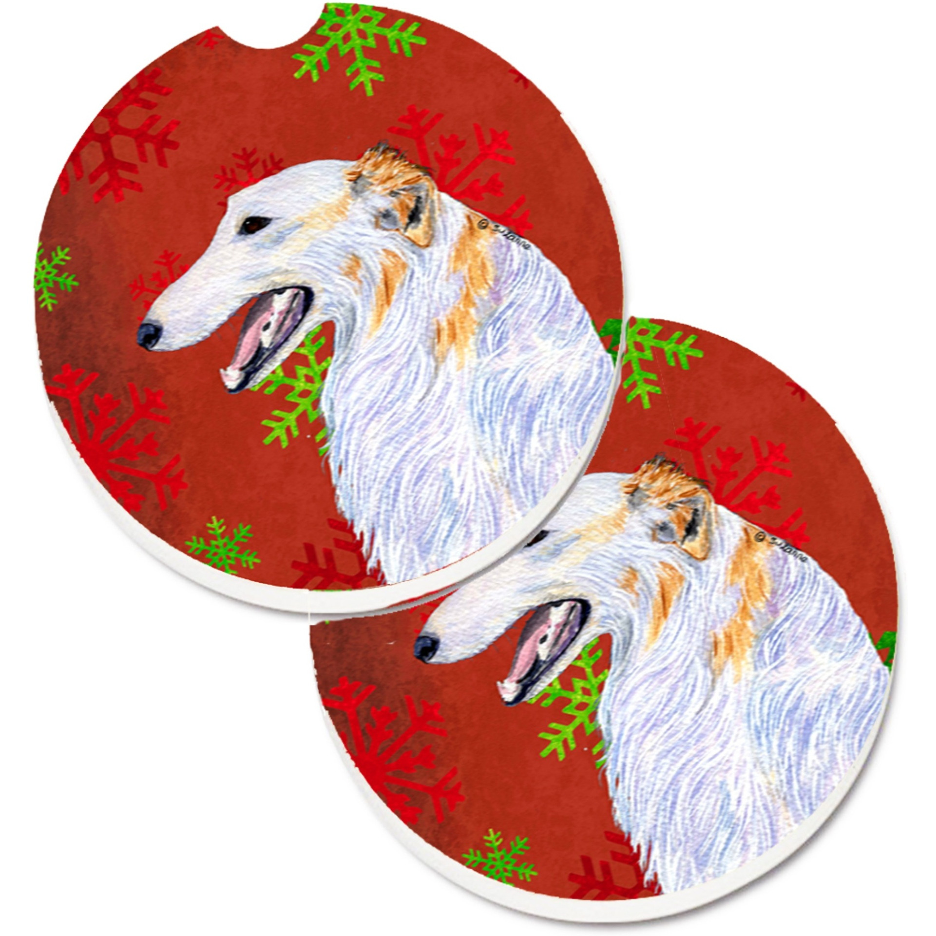 &quotCaroline's Treasures Borzoi Red & green Snowflakes Holiday Christmas Set of 2 Cup Holder Car Coasters SS4682CARC, 2.56, Multicolor"