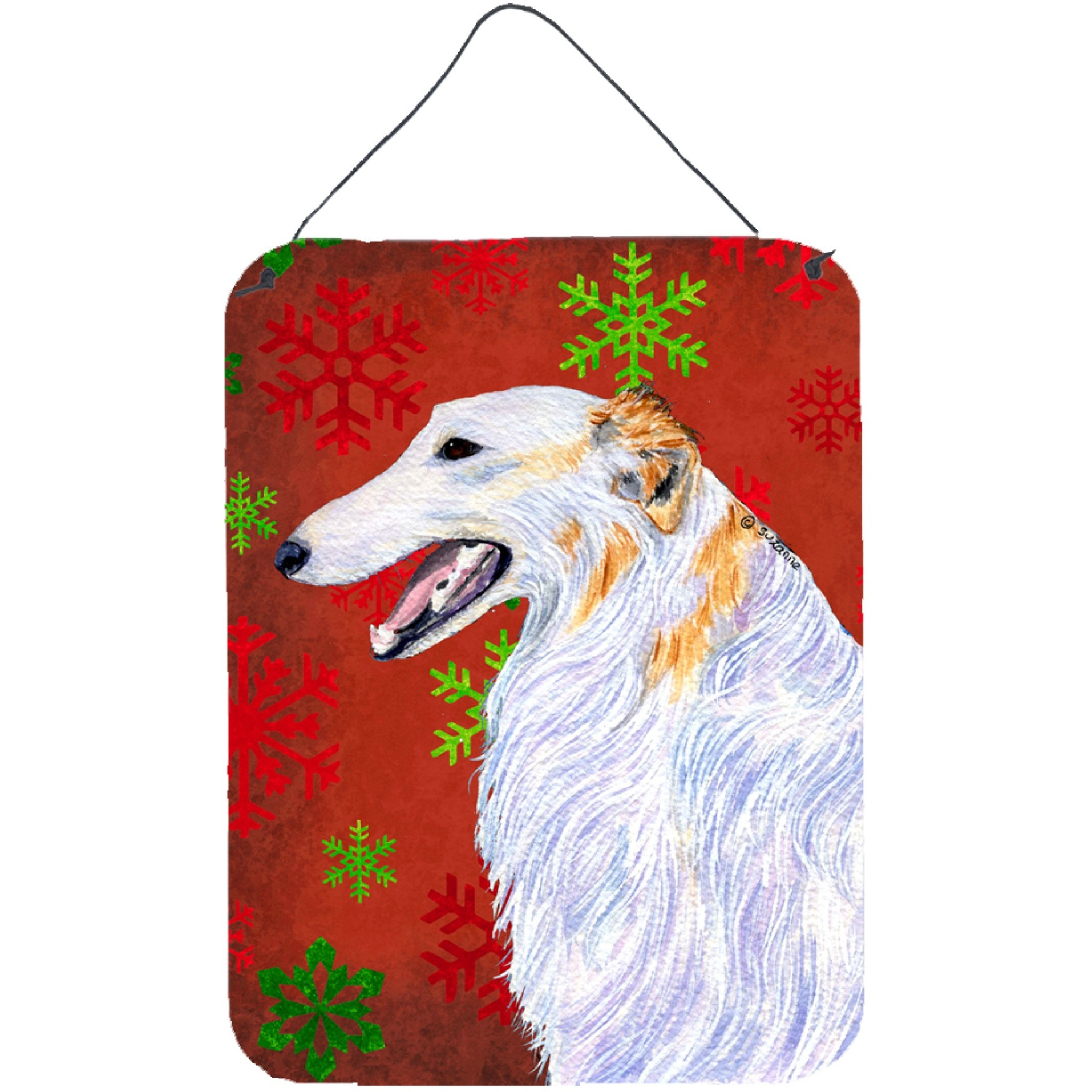 &quotCaroline's Treasures Borzoi Red and Green Snowflakes Holiday Christmas Wall or Door Hanging Prints, 16"" x 12"", Multicolor"