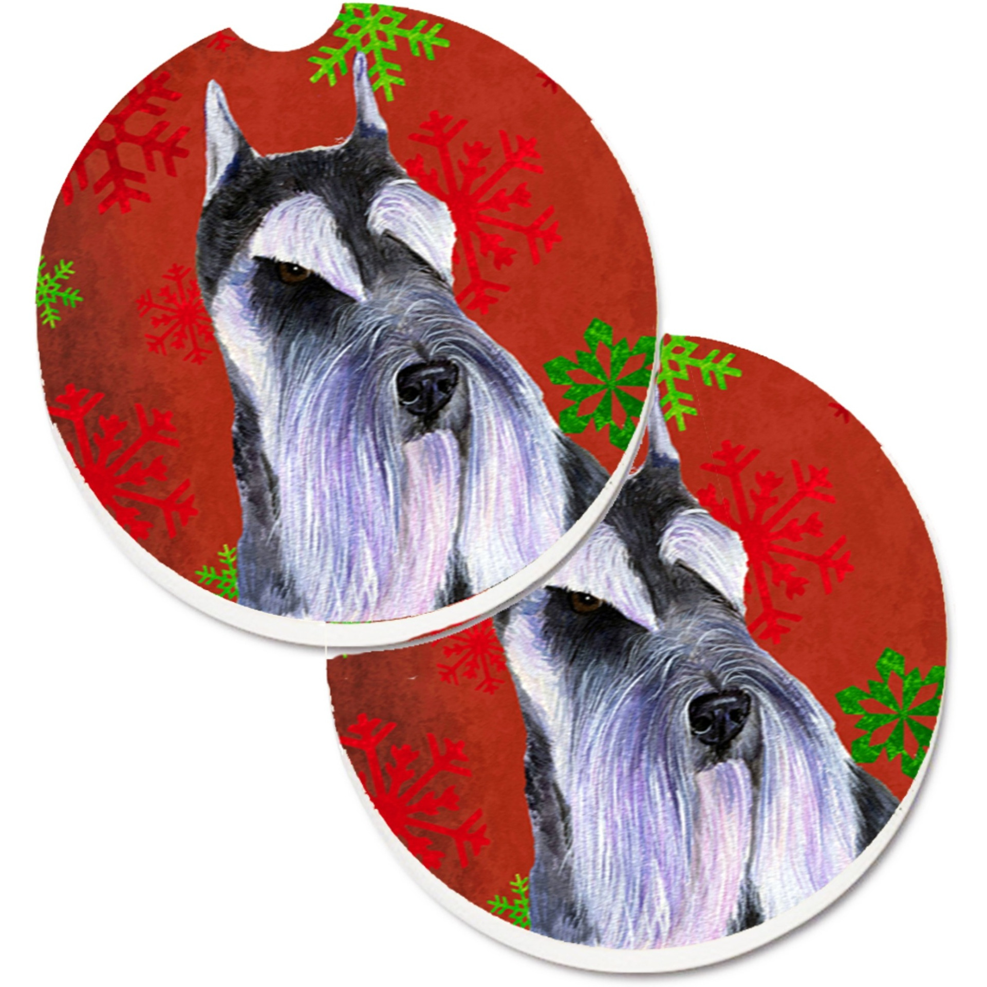 &quotCaroline's Treasures Schnauzer Red & green Snowflakes Holiday Christmas Set of 2 Cup Holder Car Coasters SS4684CARC, 2.56, Multicolor"