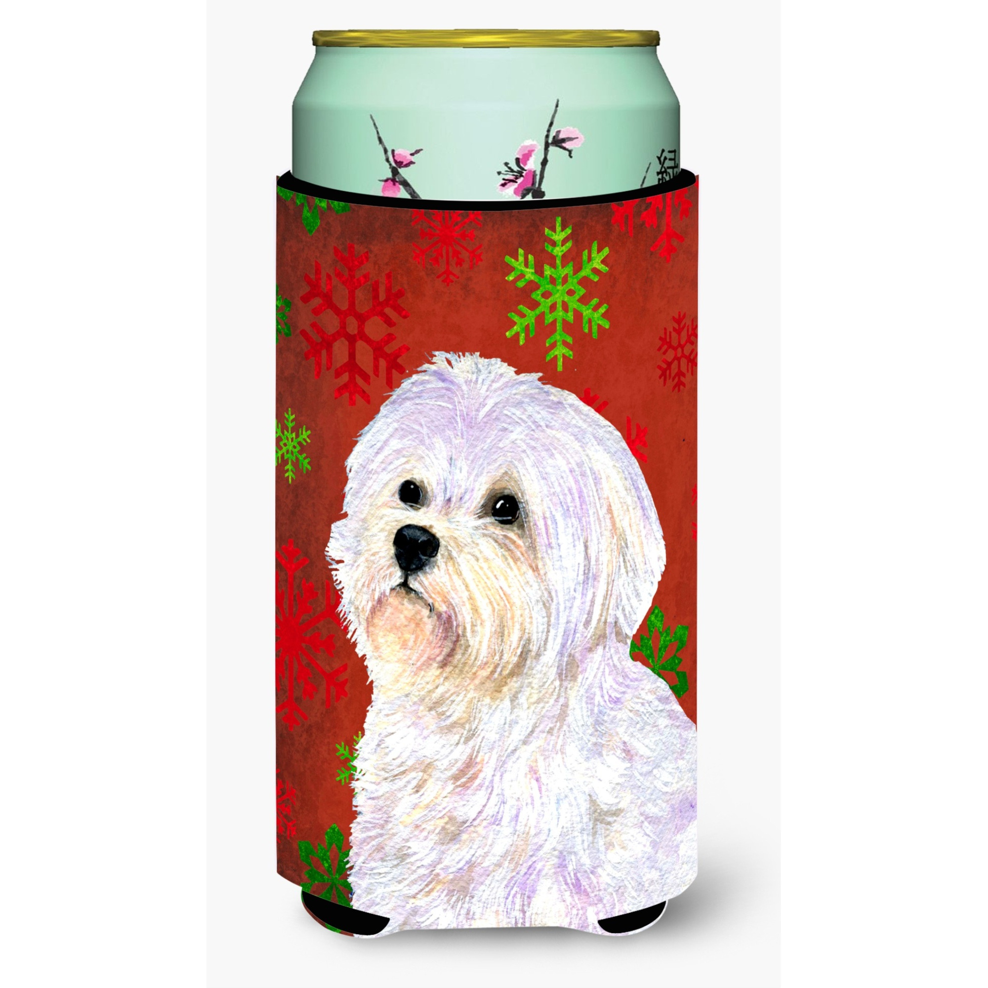 Maltese Red and Green Snowflakes Holiday Christmas  Tall Boy Beverage Insulator Beverage Insulator Hugger
