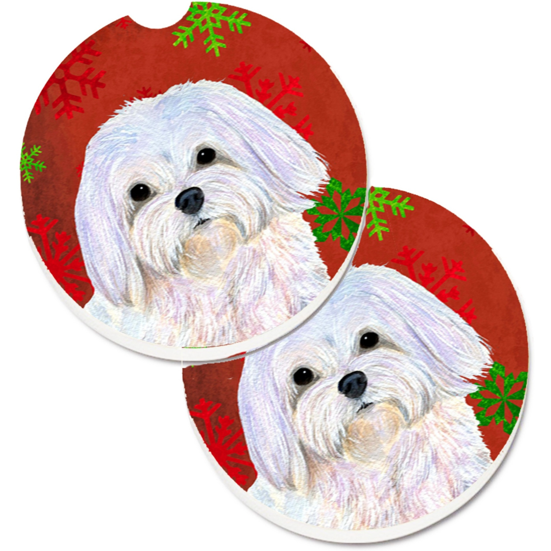 &quotCaroline's Treasures Maltese Red & green Snowflakes Holiday Christmas Set of 2 Cup Holder Car Coasters SS4689CARC, 2.56, Multicolor"