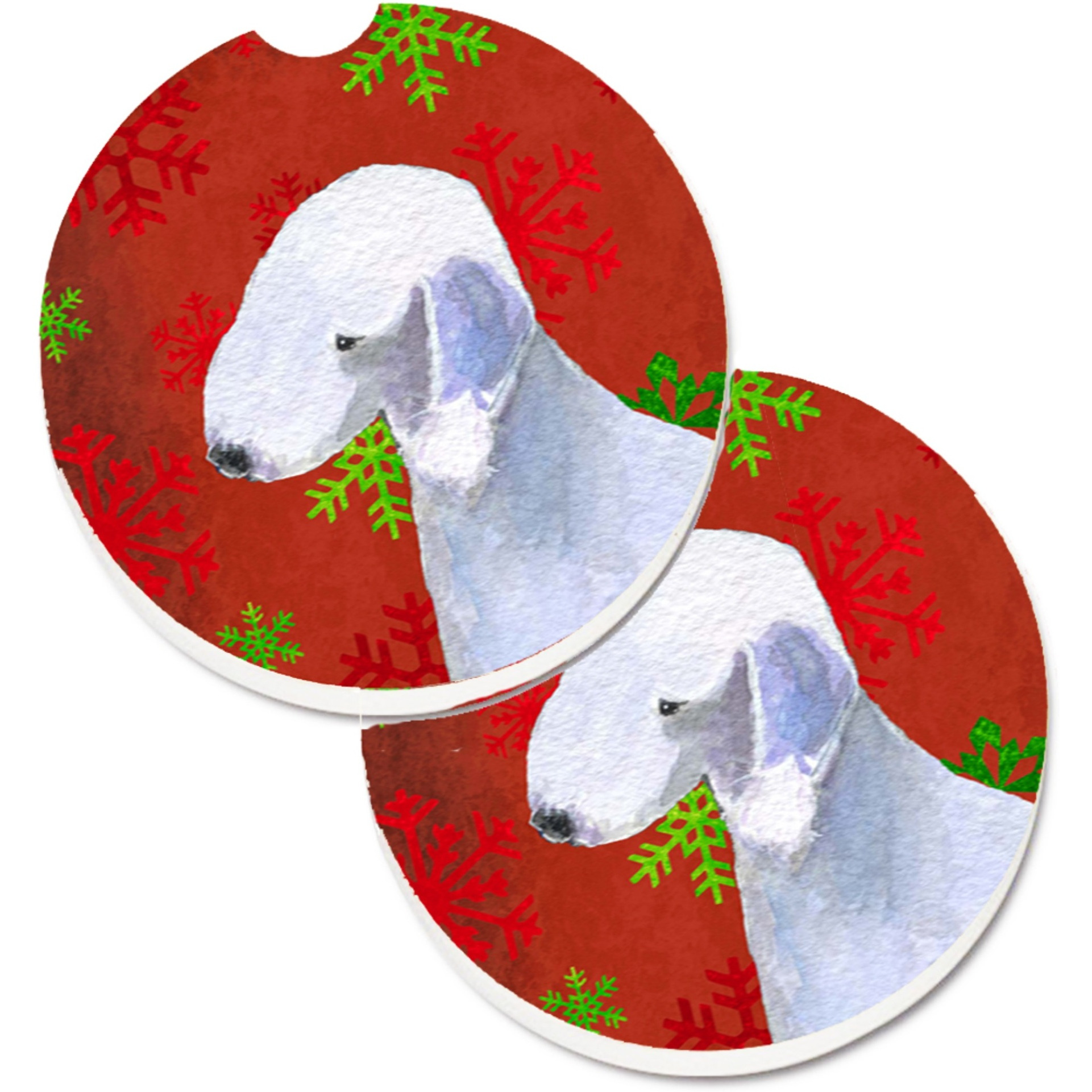 &quotCaroline's Treasures Bedlington Terrier Red & green Snowflakes Holiday Christmas Set of 2 Cup Holder Car Coasters SS4690CARC, 2.56, Multicolor"