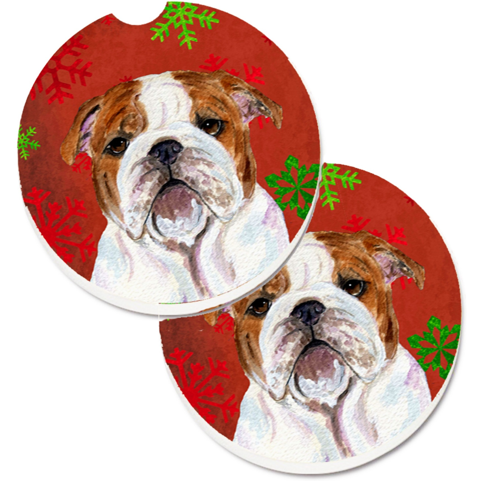 &quotCaroline's Treasures Bulldog English Red & green Snowflakes Holiday Christmas Set of 2 Cup Holder Car Coasters SS4691CARC, 2.56, Multicolor"