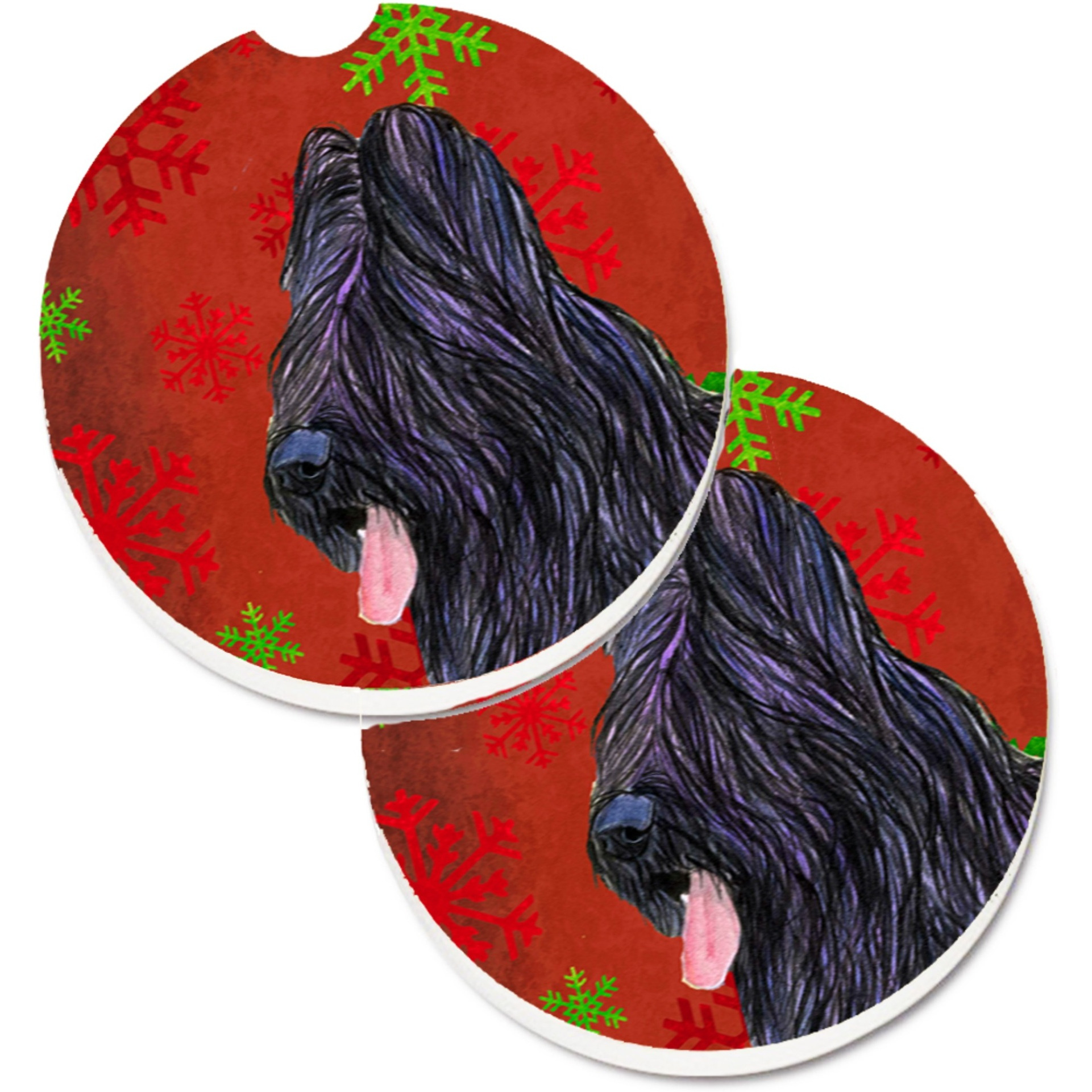 &quotCaroline's Treasures Briard Red & green Snowflakes Holiday Christmas Set of 2 Cup Holder Car Coasters SS4696CARC, 2.56, Multicolor"