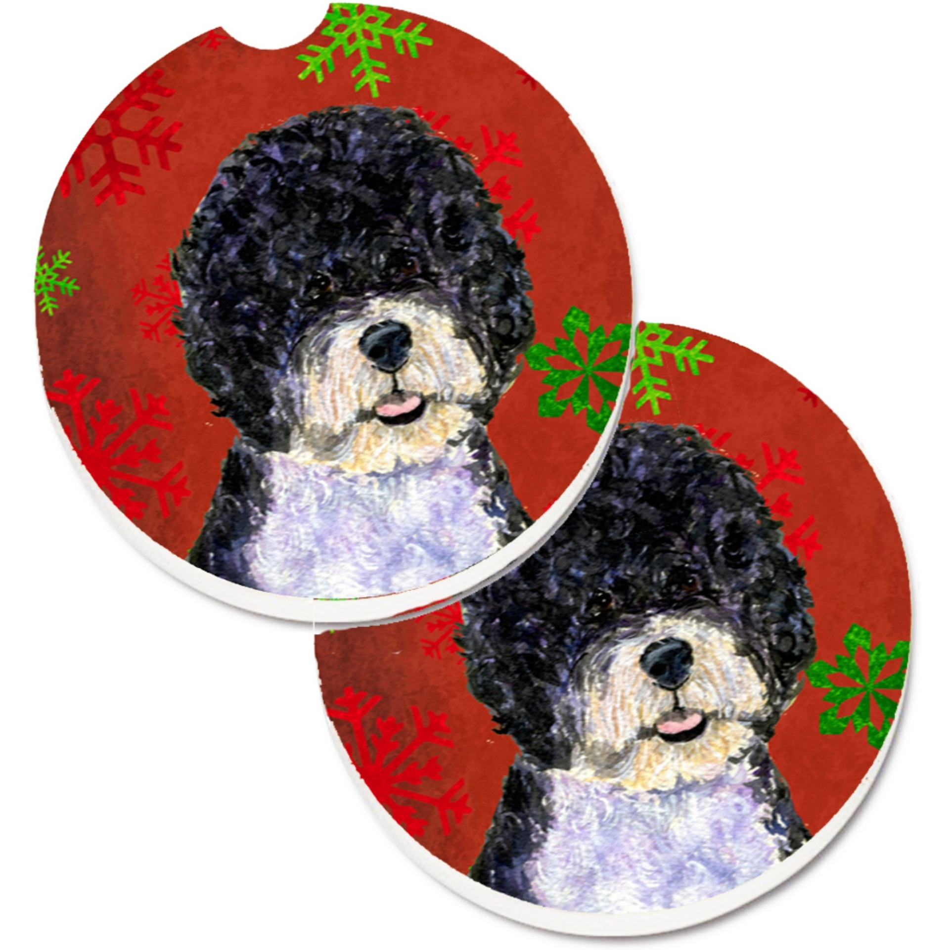 &quotCaroline's Treasures Portuguese Water Dog Red green Snowflake Christmas Set of 2 Cup Holder Car Coasters SS4697CARC, 2.56, Multicolor"