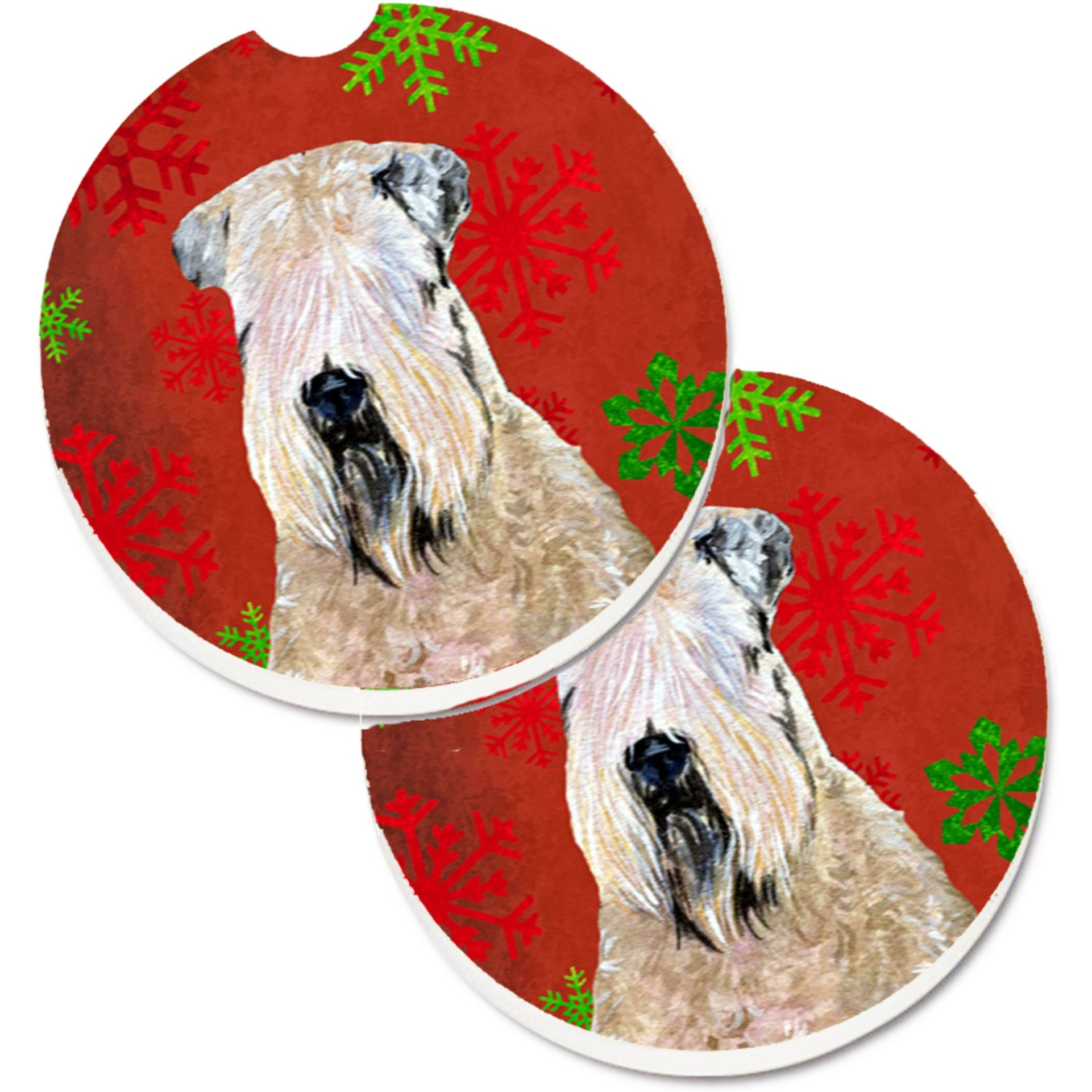 &quotCaroline's Treasures Wheaten Terrier Soft Coated Red Snowflakes Holiday Christmas Set of 2 Cup Holder Car Coasters SS4700CARC, 2.56, Multicolor"