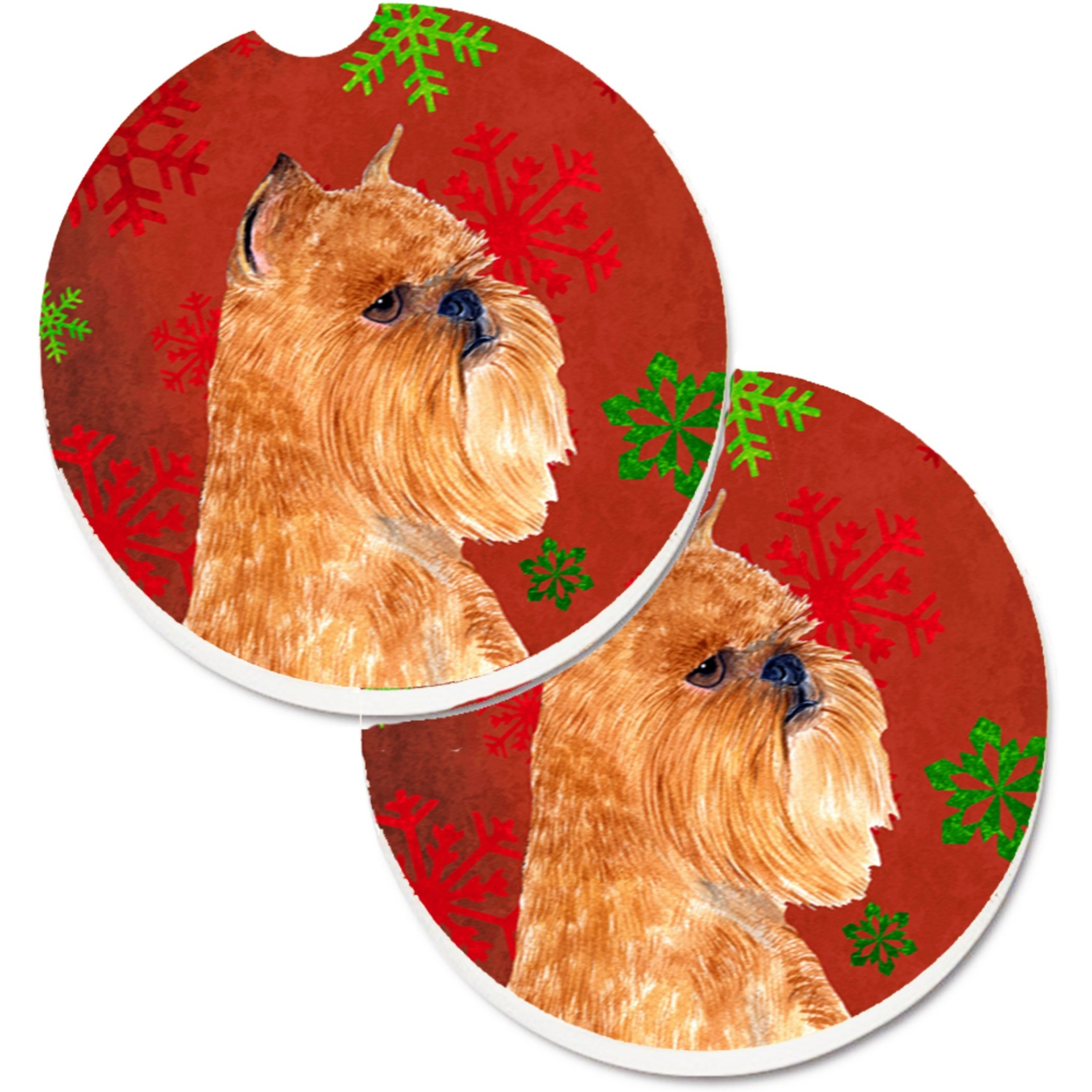 &quotCaroline's Treasures Brussels Griffon Red & green Snowflakes Holiday Christmas Set of 2 Cup Holder Car Coasters SS4701CARC, 2.56, Multicolor"