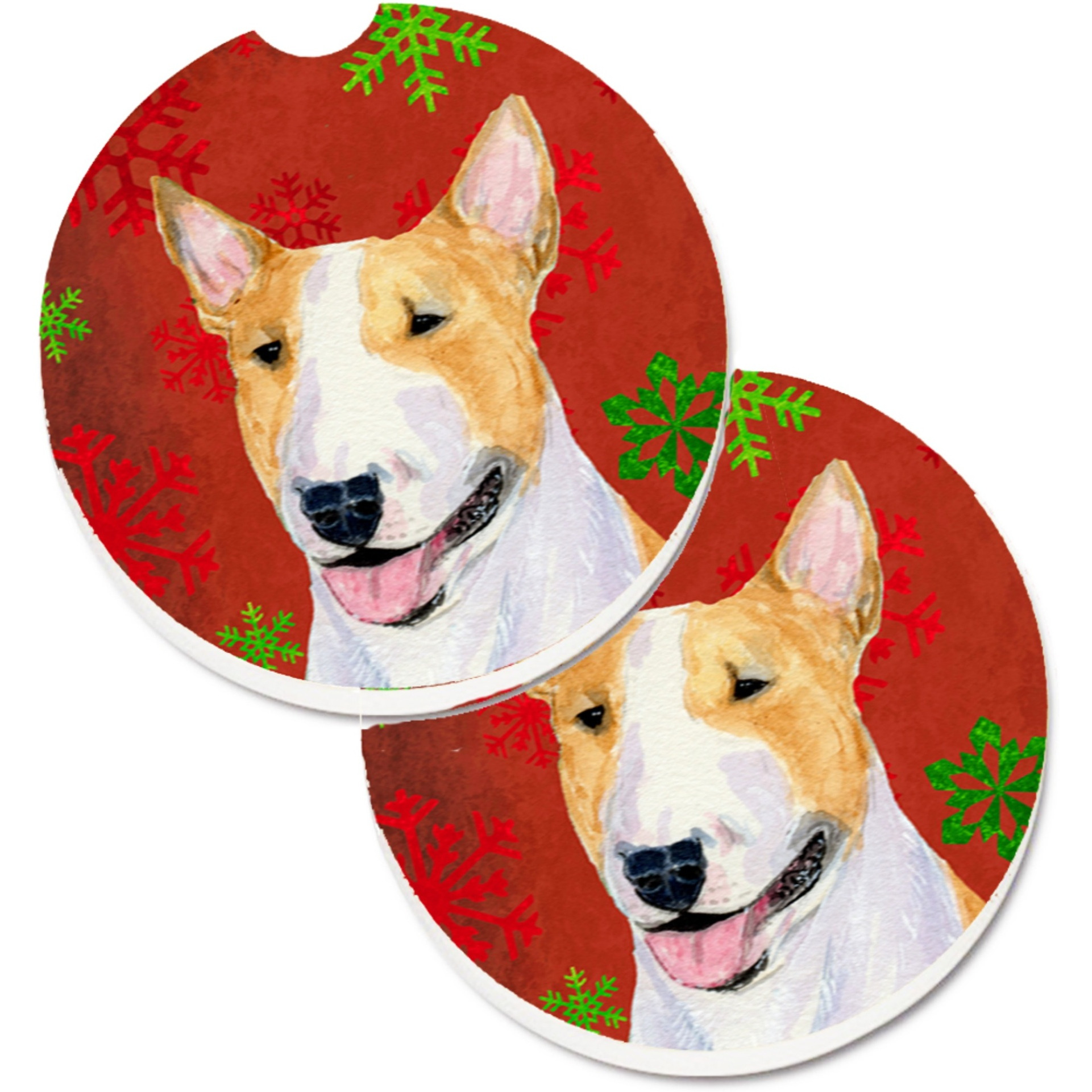 &quotCaroline's Treasures Bull Terrier Red & green Snowflakes Holiday Christmas Set of 2 Cup Holder Car Coasters SS4703CARC, 2.56, Multicolor"