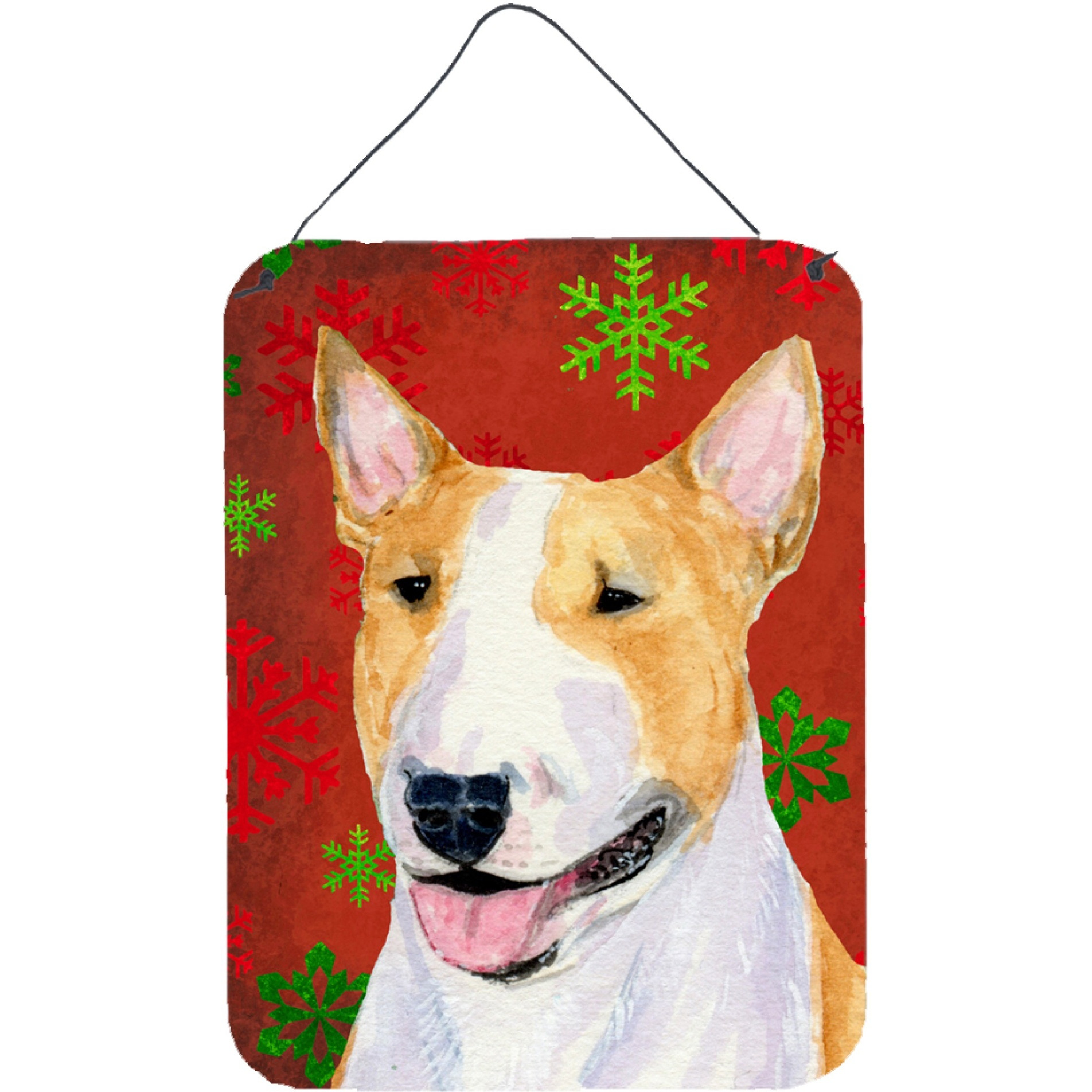 &quotCaroline's Treasures Bull Terrier Red Snowflakes Holiday Christmas Wall or Door Hanging Prints, 16"" x 12"", Multicolor"