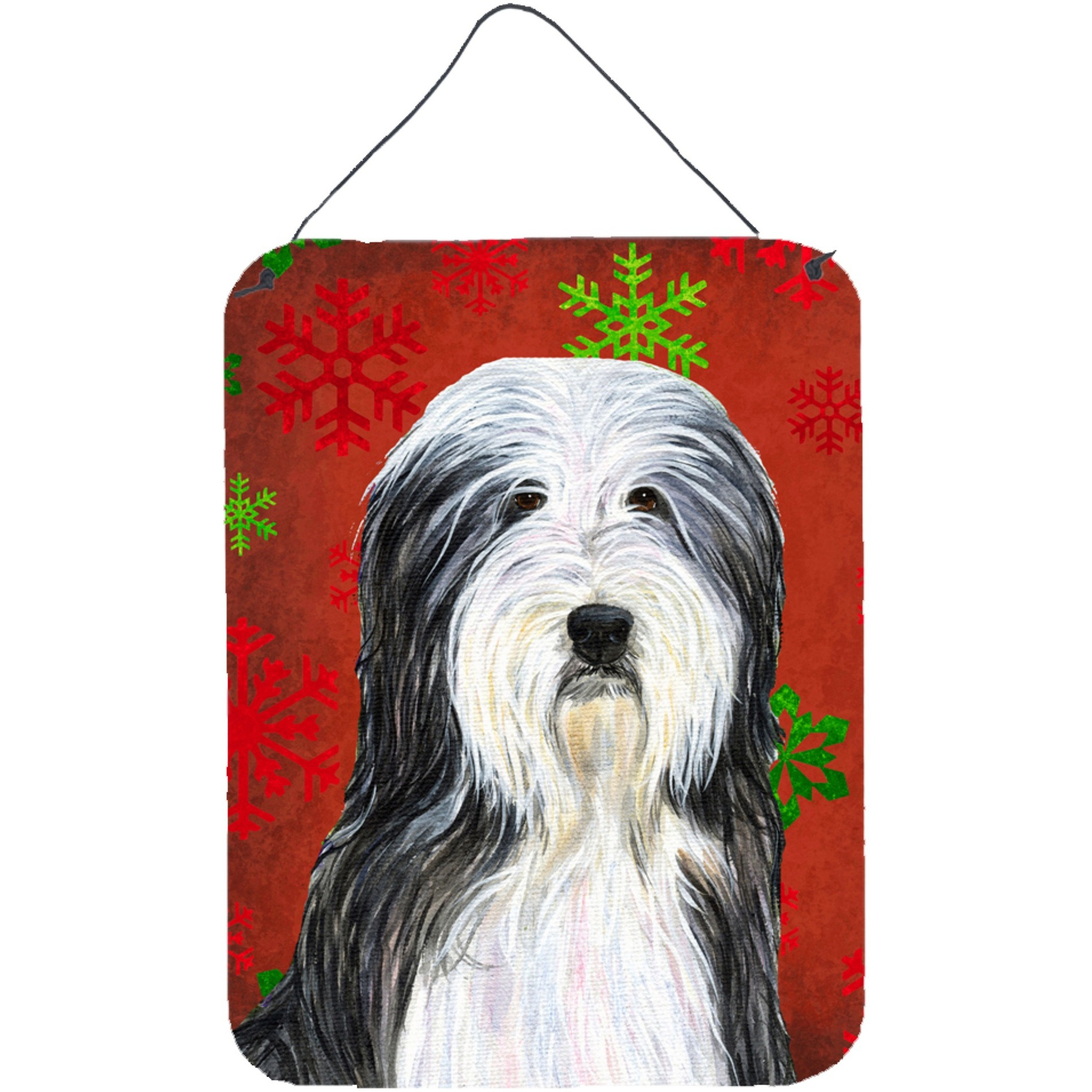 &quotCaroline's Treasures SS4704DS1216 Bearded Collie Red Snowflakes Holiday Christmas Wall or Door Hanging Prints, 16"" x 12"", Multicolor"