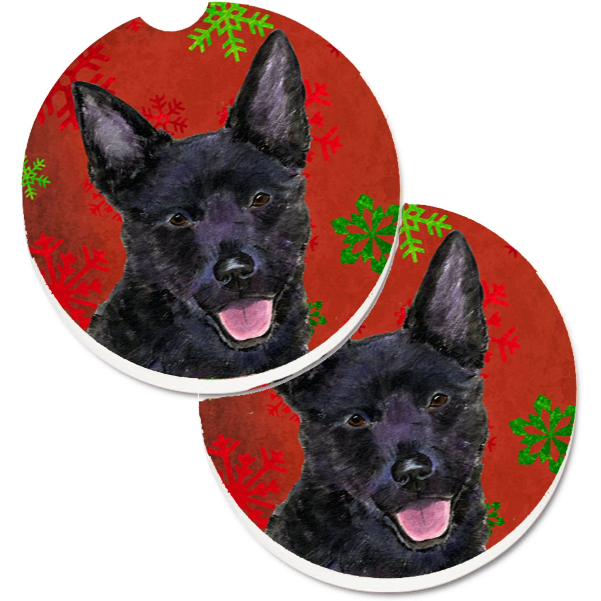&quotCaroline's Treasures Australian Kelpie Red green Snowflakes Christmas Set of 2 Cup Holder Car Coasters SS4705CARC, 2.56, Multicolor"