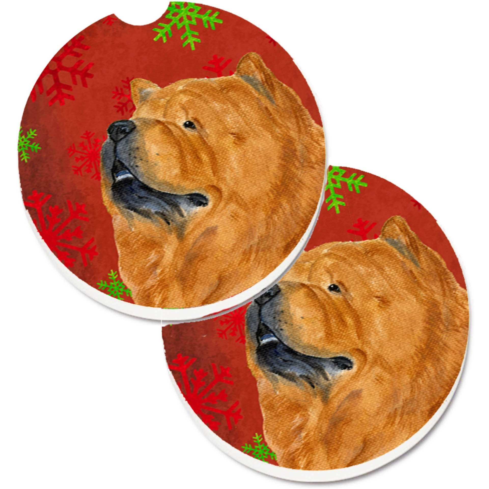&quotCaroline's Treasures Chow Red & green Snowflakes Holiday Christmas Set of 2 Cup Holder Car Coasters SS4709CARC, 2.56, Multicolor"
