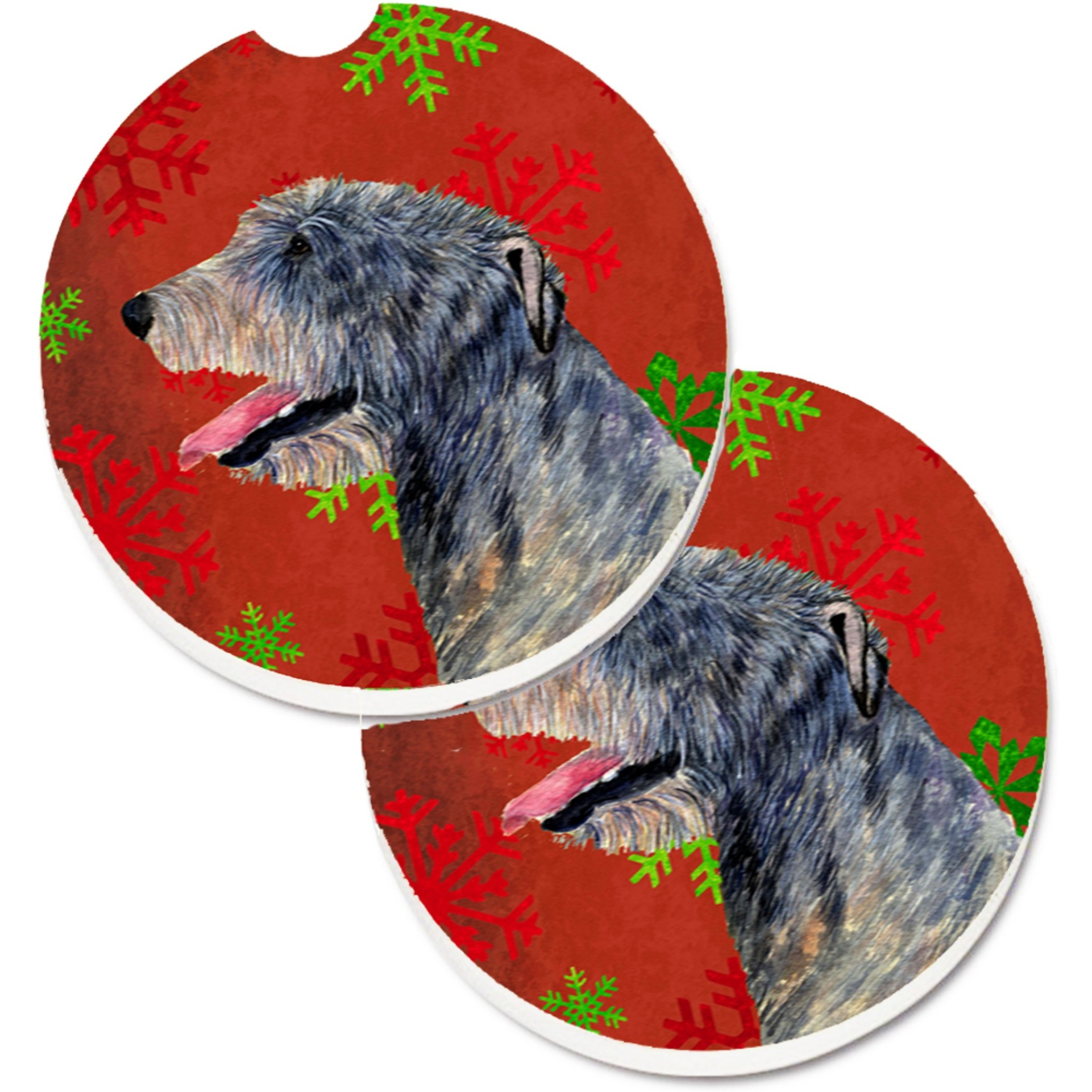 &quotCaroline's Treasures Irish Wolfhound Red & green Snowflakes Holiday Christmas Set of 2 Cup Holder Car Coasters SS4713CARC, 2.56, Multicolor"
