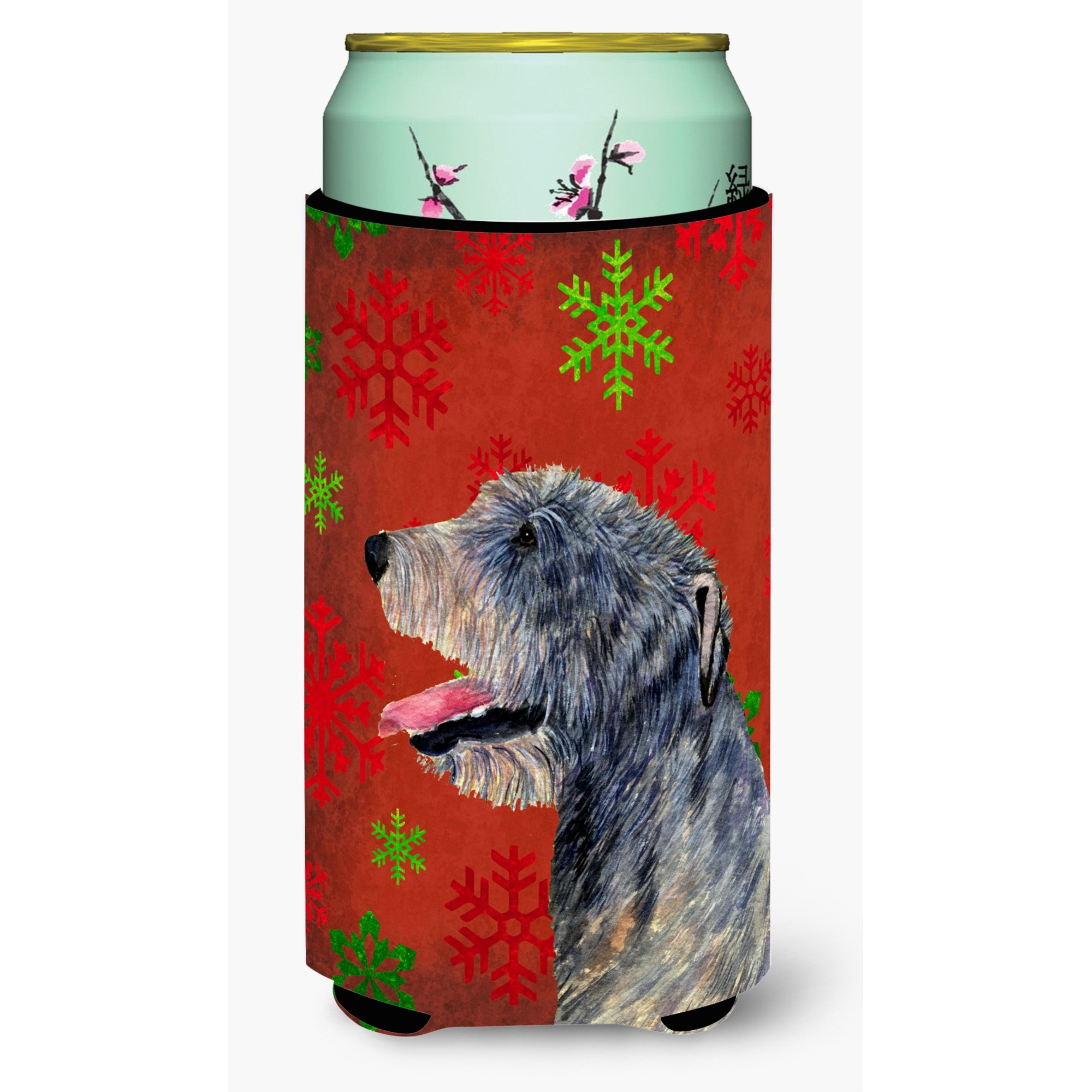 Irish Wolfhound Red and Green Snowflakes Holiday Christmas  Tall Boy Beverage Insulator