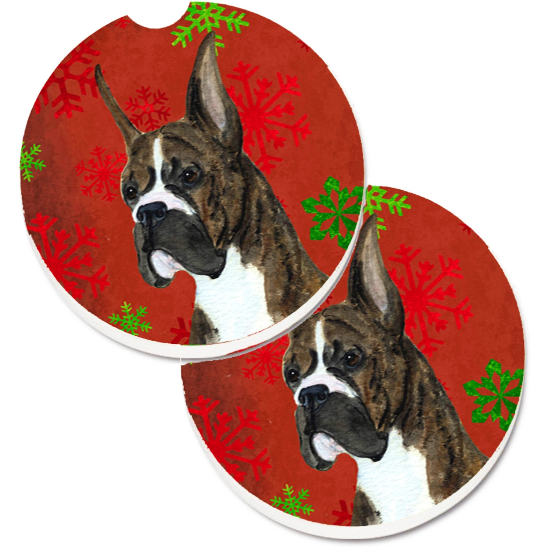 &quotCaroline's Treasures Boxer Red & green Snowflakes Holiday Christmas Set of 2 Cup Holder Car Coasters SS4715CARC, 2.56, Multicolor"