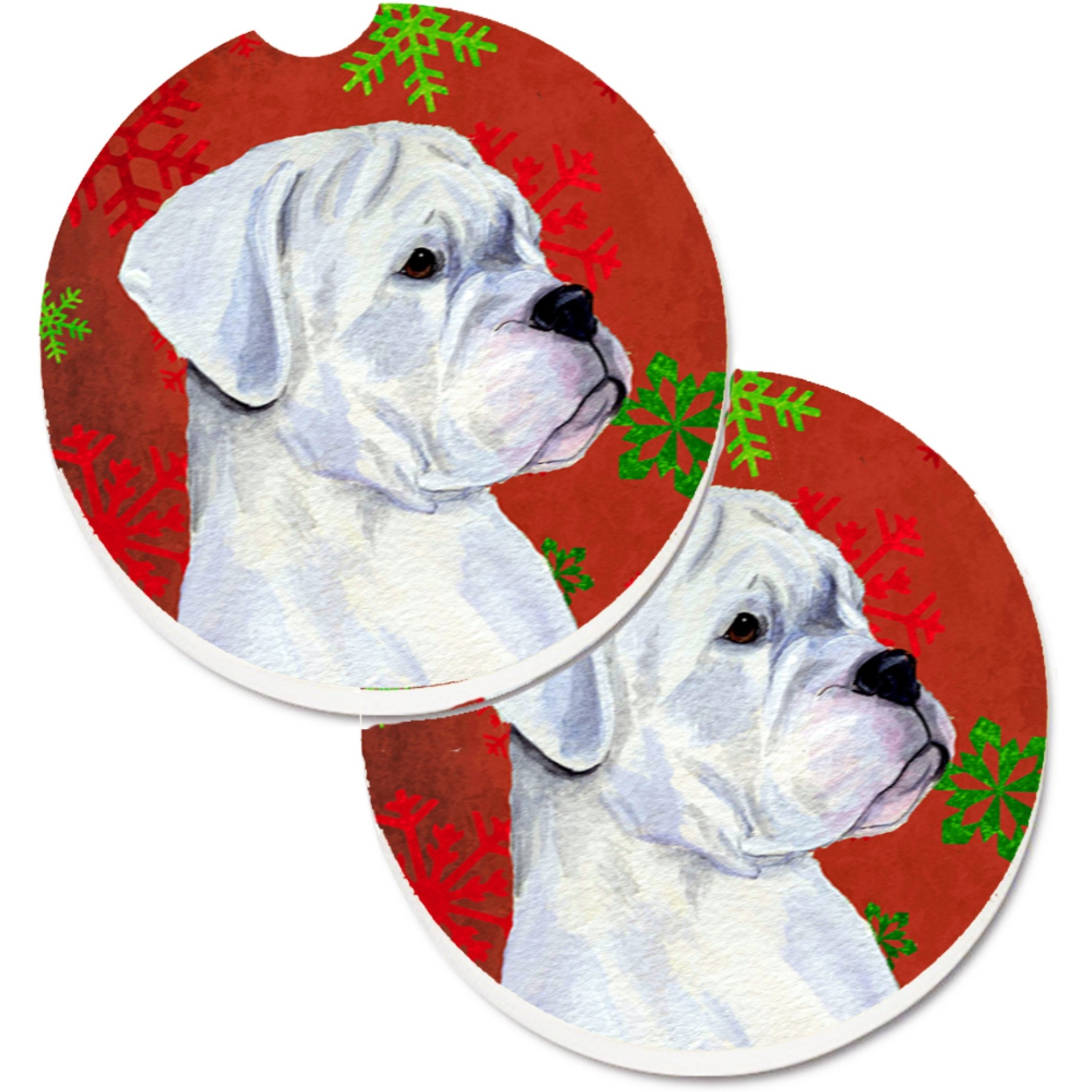 &quotCaroline's Treasures Boxer Red & green Snowflakes Holiday Christmas Set of 2 Cup Holder Car Coasters SS4716CARC, 2.56, Multicolor"