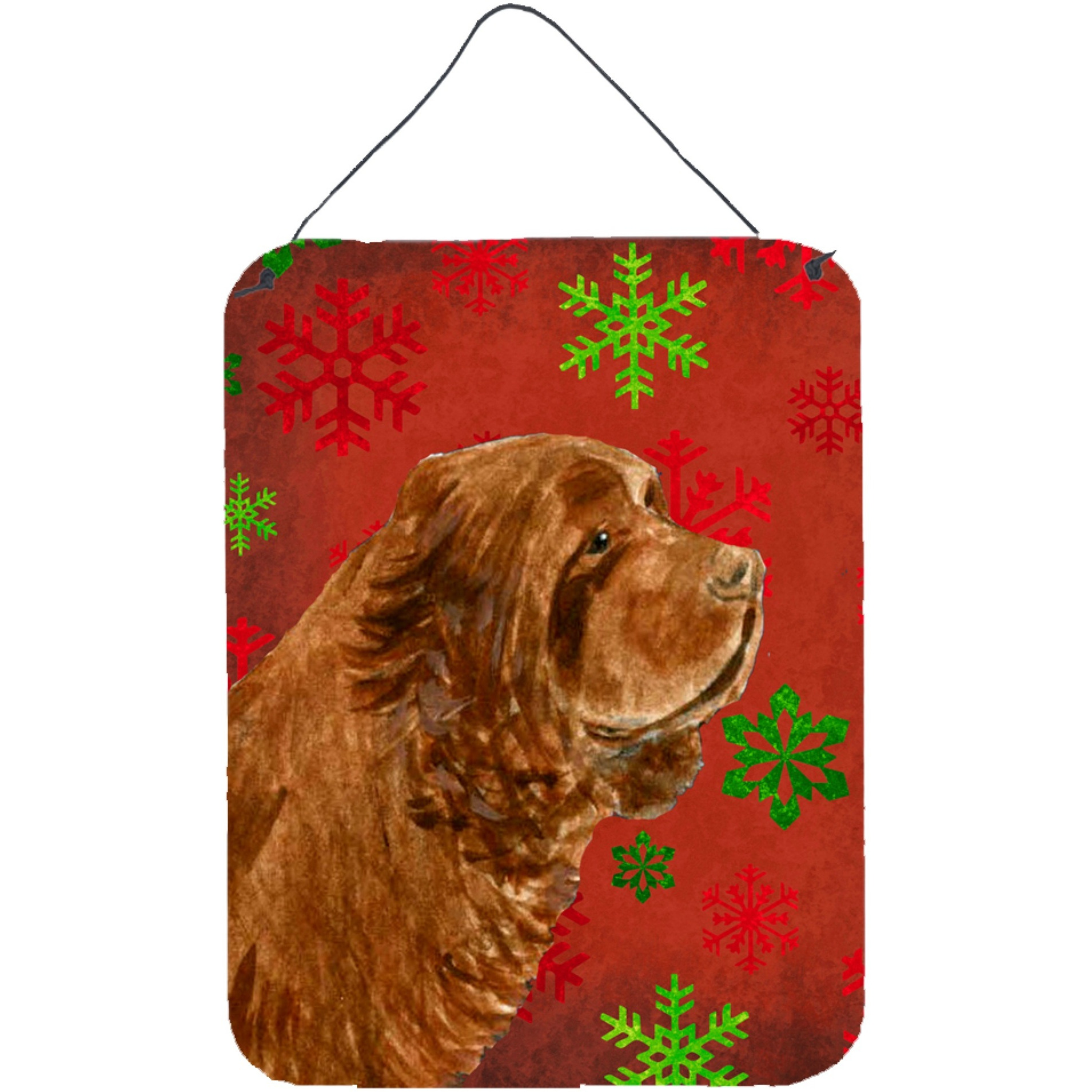 &quotCaroline's Treasures Sussex Spaniel Red Snowflakes Holiday Christmas Wall or Door Hanging Prints, 16"" x 12"", Multicolor"