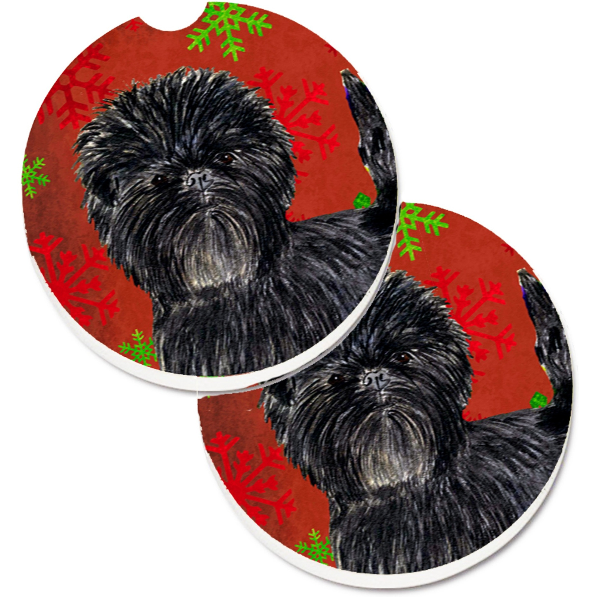 &quotCaroline's Treasures Affenpinscher Red green Snowflakes Christmas Set of 2 Cup Holder Car Coasters SS4718CARC, 2.56, Multicolor"
