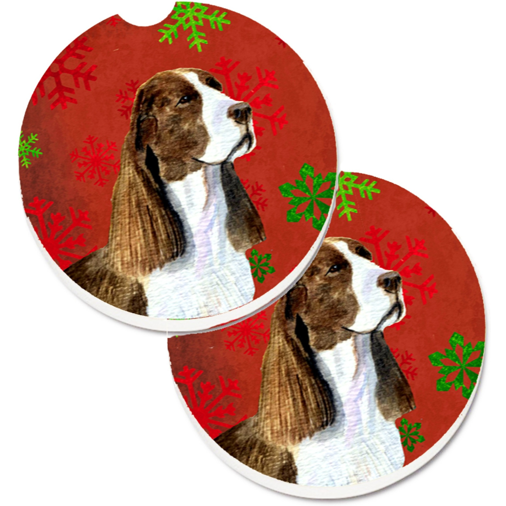&quotCaroline's Treasures Springer Spaniel Red & green Snowflakes Holiday Christmas Set of 2 Cup Holder Car Coasters SS4720CARC, 2.56, Multicolor"