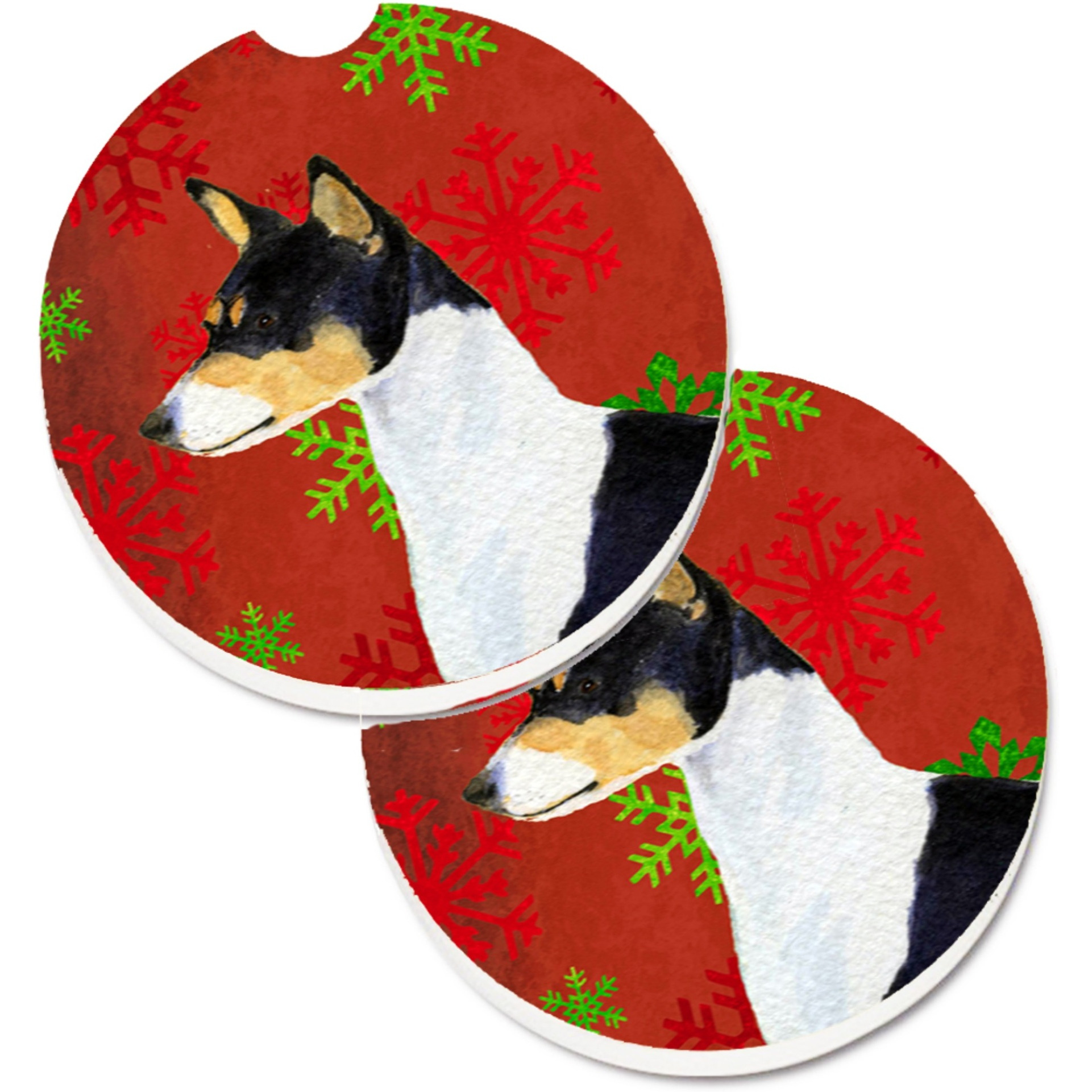 &quotCaroline's Treasures Basenji Red & green Snowflakes Holiday Christmas Set of 2 Cup Holder Car Coasters SS4721CARC, 2.56, Multicolor"