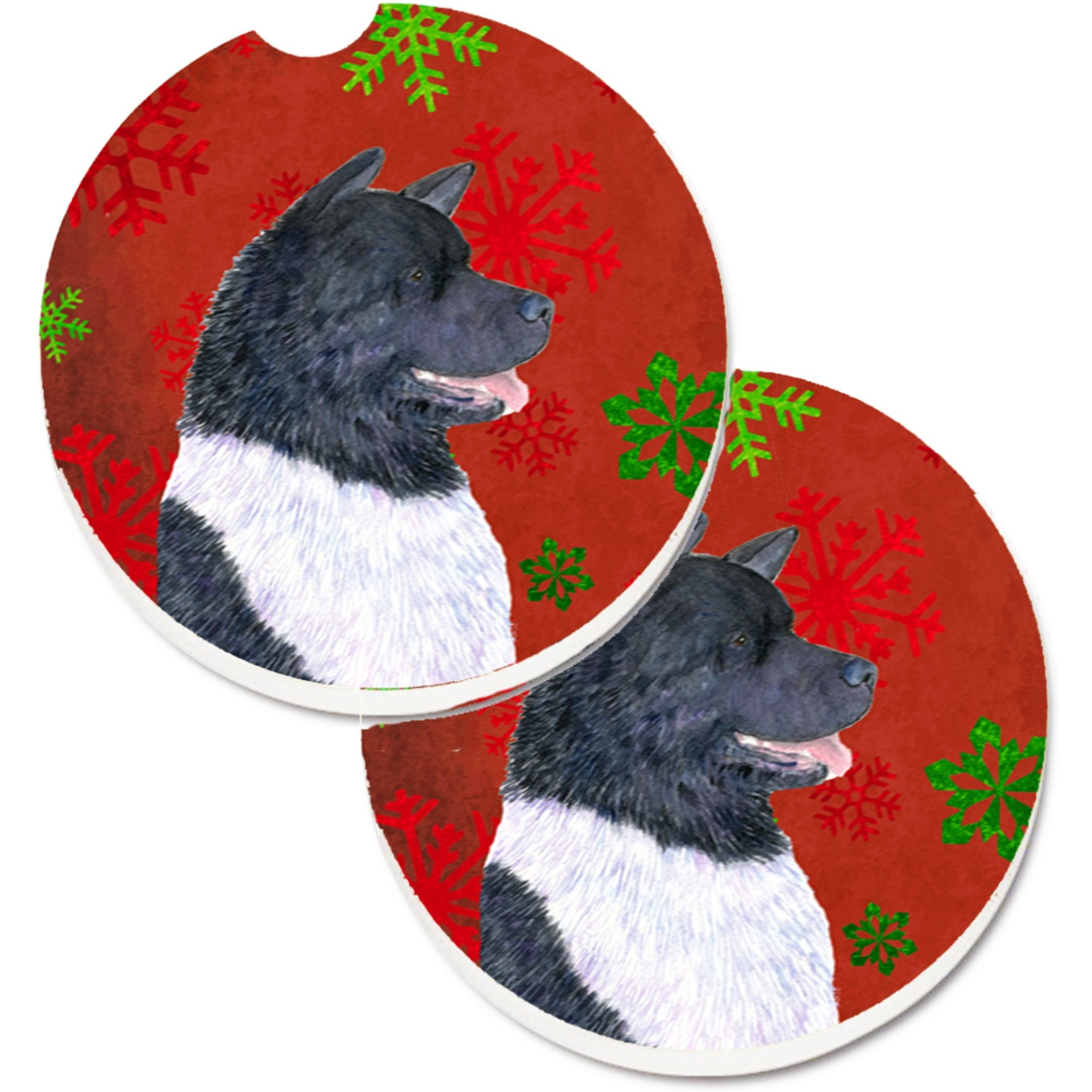 &quotCaroline's Treasures Akita Red & green Snowflakes Holiday Christmas Set of 2 Cup Holder Car Coasters SS4728CARC, 2.56, Multicolor"