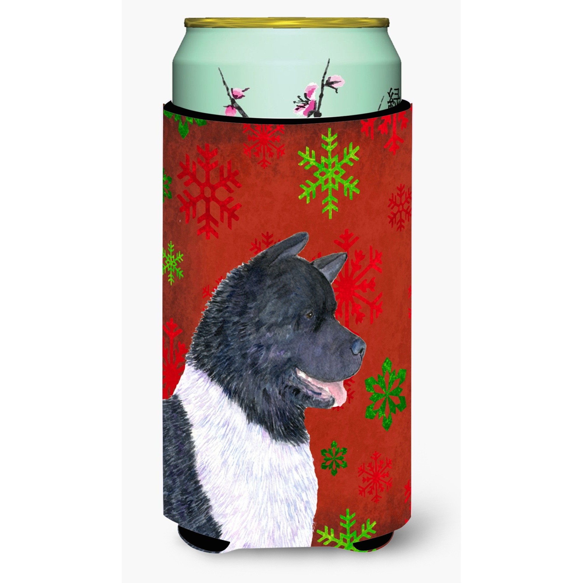 Akita Red and Green Snowflakes Holiday Christmas  Tall Boy Beverage Insulator Beverage Insulator Hugger