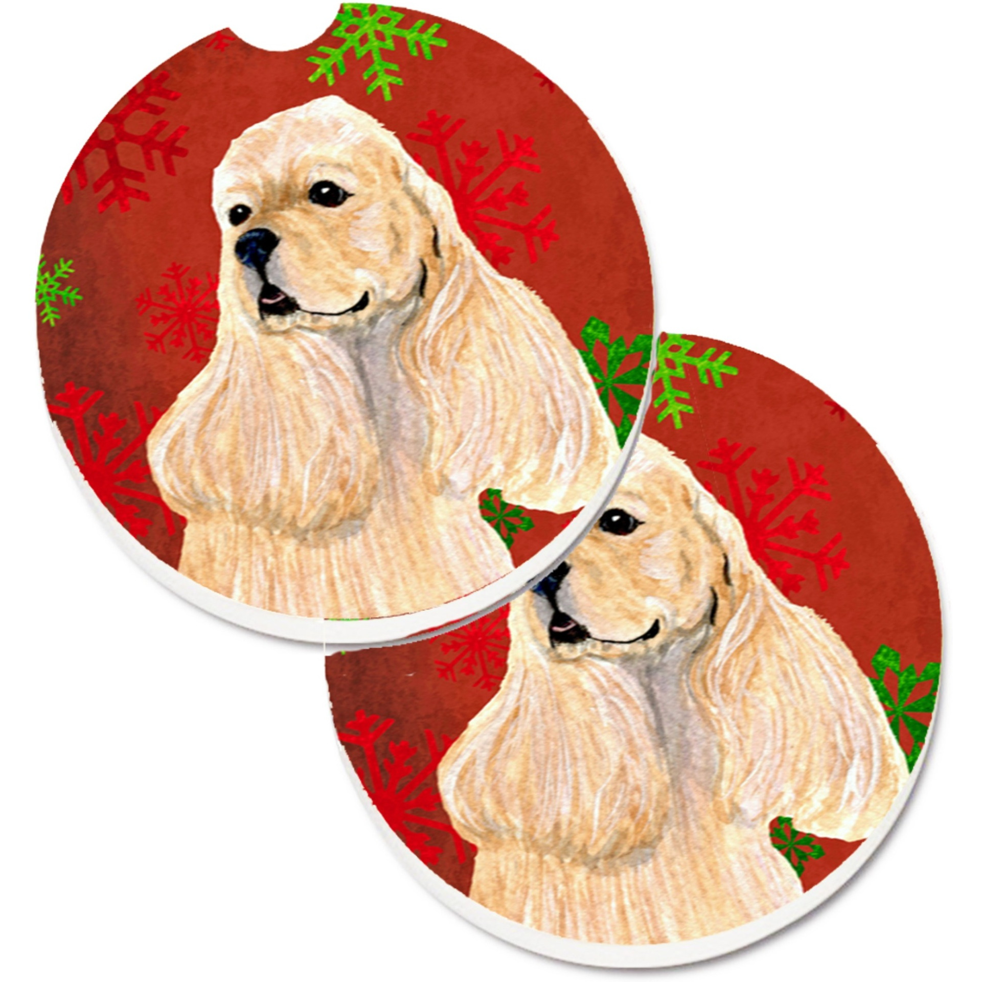 &quotCaroline's Treasures Buff Cocker Spaniel Red green Snowflakes Christmas Set of 2 Cup Holder Car Coasters SS4729CARC, 2.56, Multicolor"