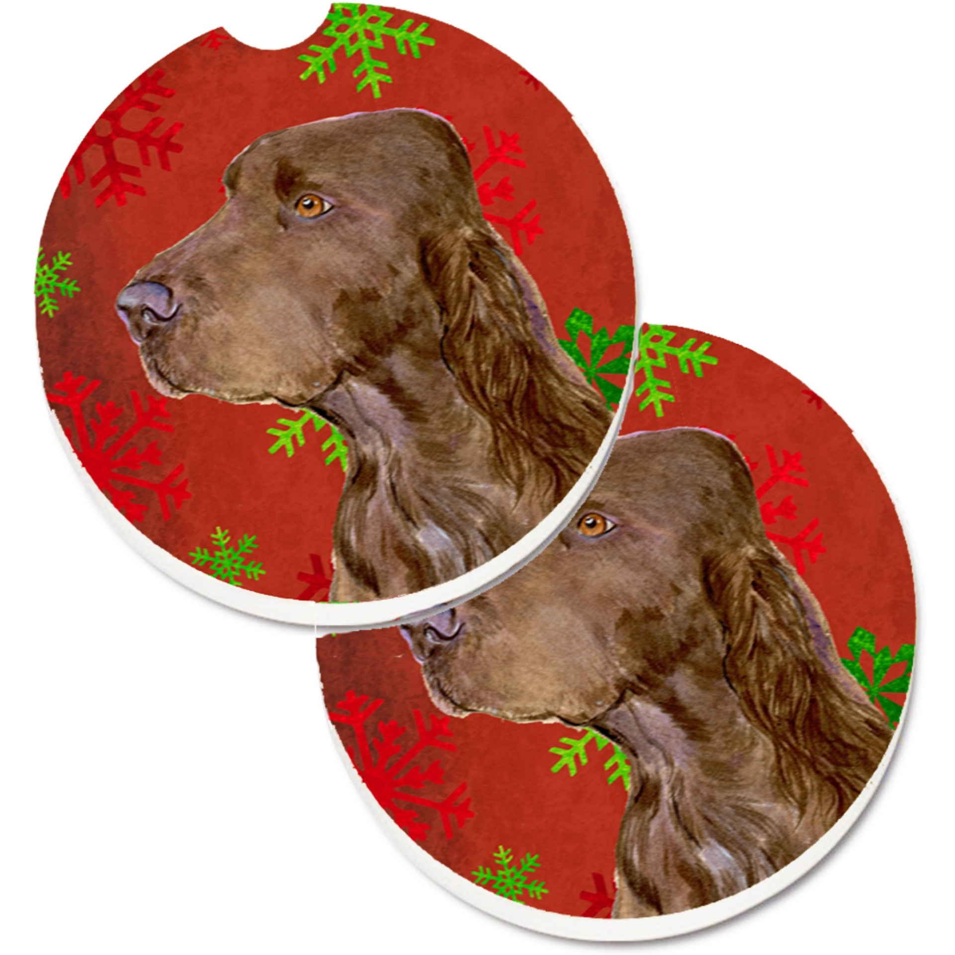 &quotCaroline's Treasures Field Spaniel Red & green Snowflakes Holiday Christmas Set of 2 Cup Holder Car Coasters SS4732CARC, 2.56, Multicolor"