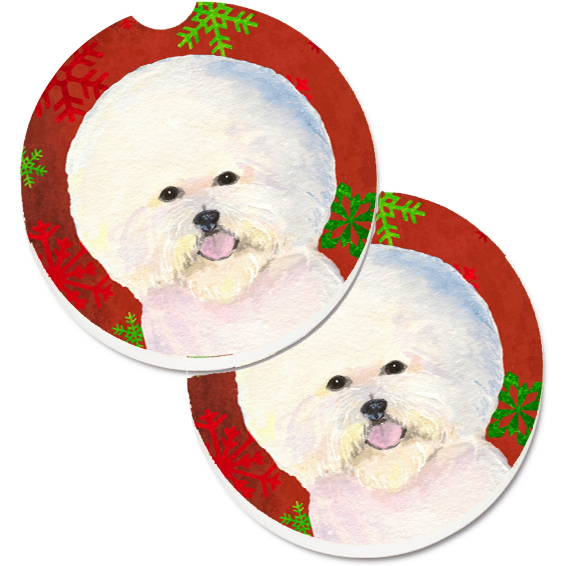 &quotCaroline's Treasures Bichon Frise Red & green Snowflakes Holiday Christmas Set of 2 Cup Holder Car Coasters SS4733CARC, 2.56, Multicolor"