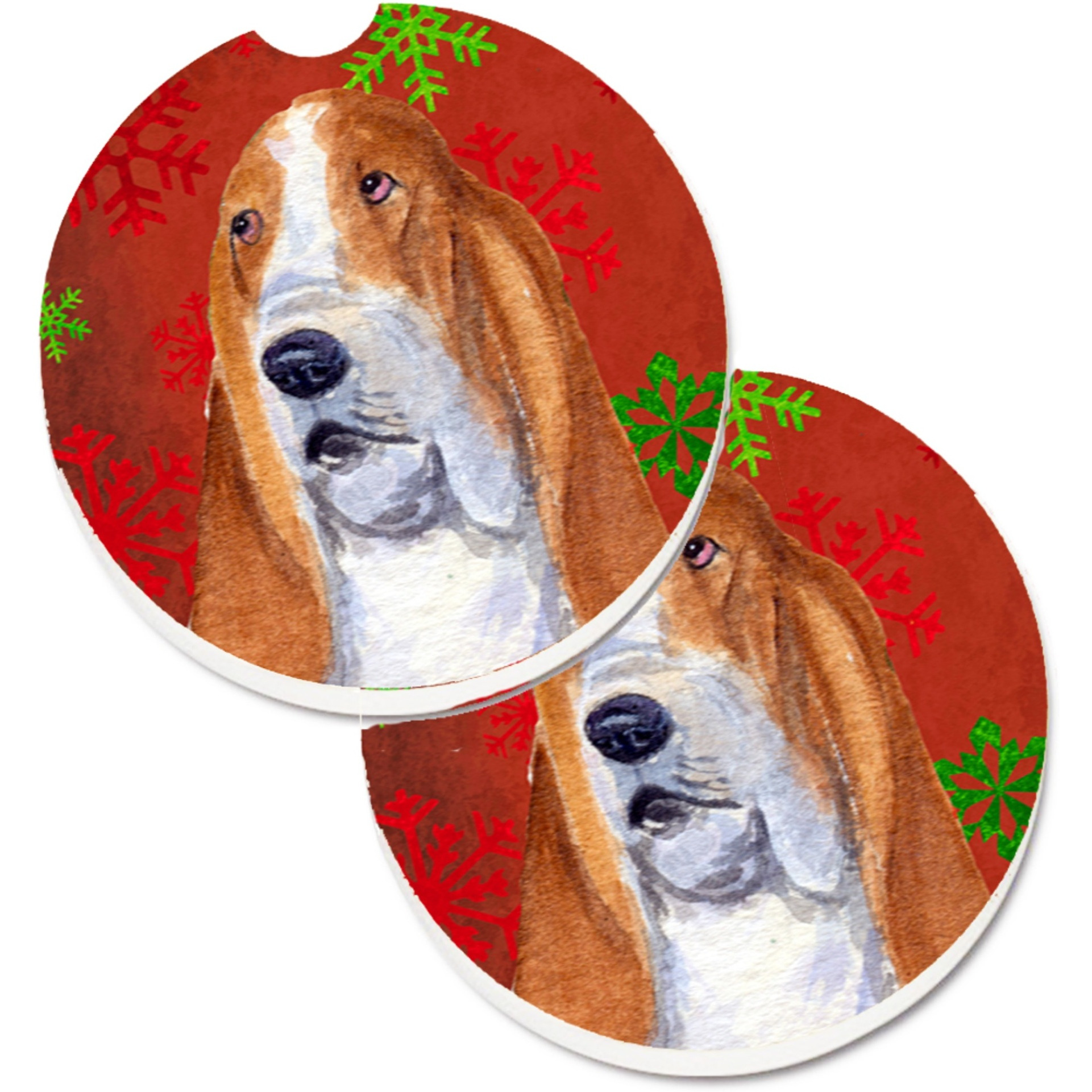 &quotCaroline's Treasures Basset Hound Red & green Snowflakes Holiday Christmas Set of 2 Cup Holder Car Coasters SS4735CARC, 2.56, Multicolor"